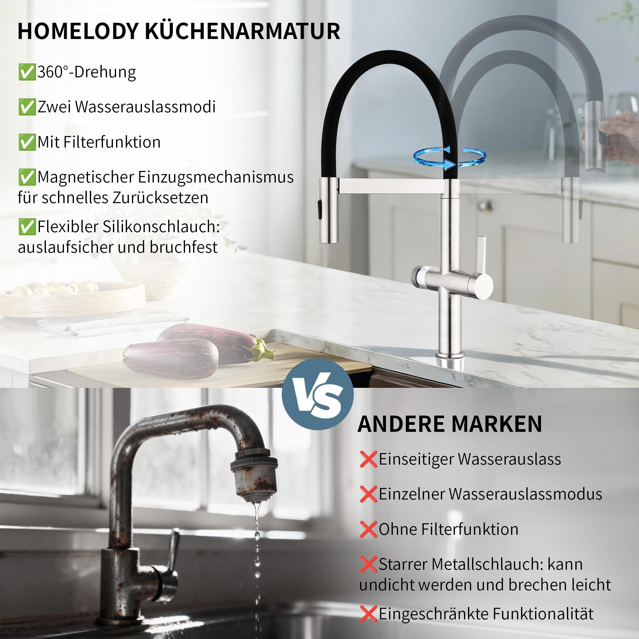 HOMELODY Wasserhahn Küche mit Filter, Hoher Bogen Küchenarmatur mit Ausziehbarer Brause, 360°Drehbar 2 Sprühfunktionen, Magnetrückstellung Mischbatterie Spültischarmatur Küchenarmaturen Chrom/Schwarz