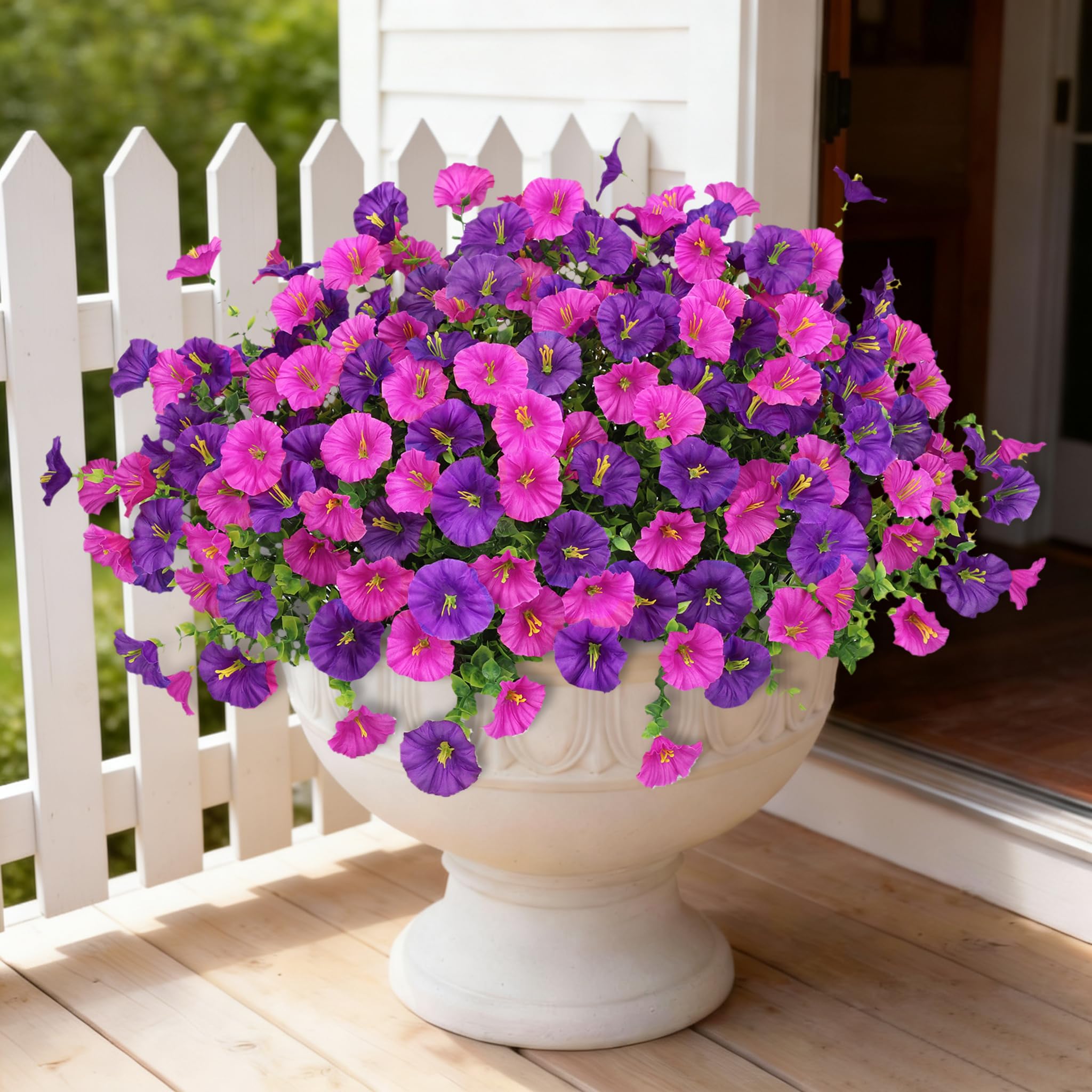 Bassion 16 Pcs Artificial Morning Glory Flowers for Outdoors, Colorful2 | UV Resistant, realistic, silk flowers, faux eucalyptus plants, outside planters porch window box garden indoor outdoors decor