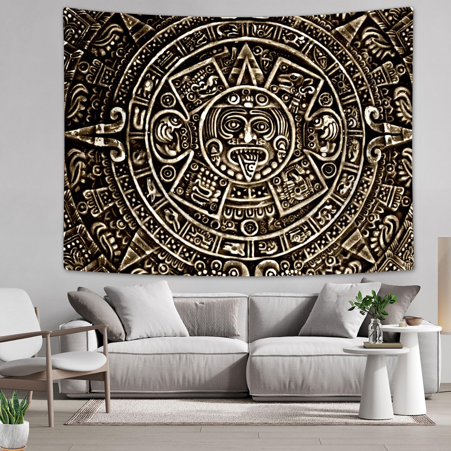 Aztec Mayan Tapestry Wall Hanging, History Close View Of The Ancient Aztec Calendar Mayan Civilization Wall Art Decor, Ethnic Tapestry Wall Hanging Art for Bedroom Living Room Dorm Office 60x40