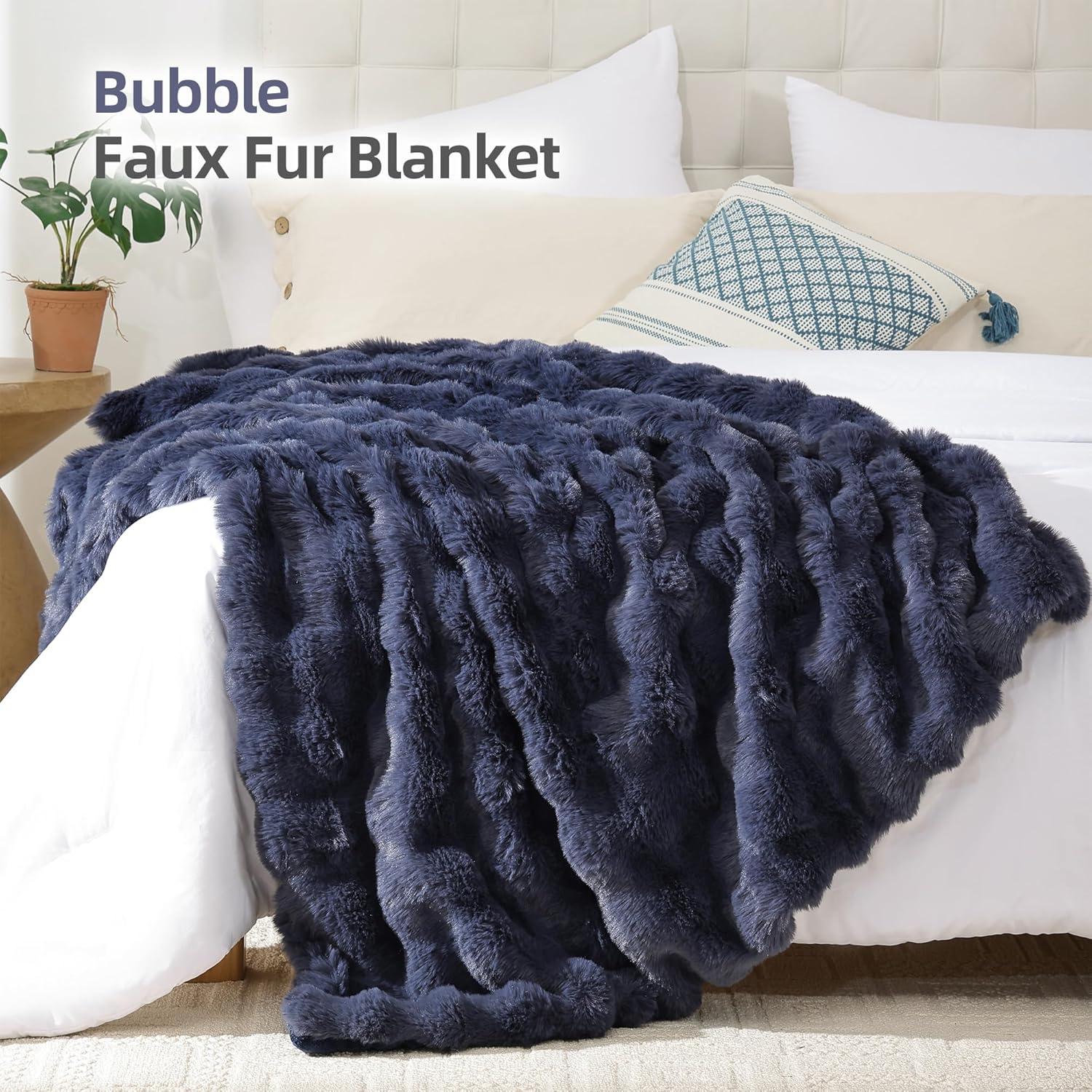 Smoofy Faux Fur Throw Blanket for Couch – Navy Blue Fluffy Cozy Rabbit Fleece, Plush Soft Bubble Blanket for Sofa & Bed, for Mom, Warm Fuzzy Home Room Decor Throw 50" x 60" - Image 2