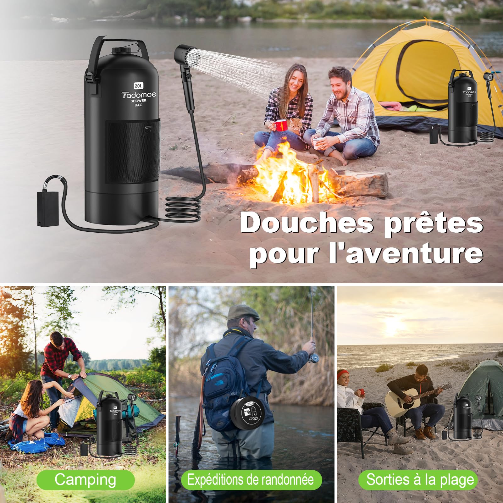 20l Douche Solaire Camping avec Pompe, 2000mAh Douche Portable Chauffante avec Sac et buse pour extérieur Camping, Randonnée et Car