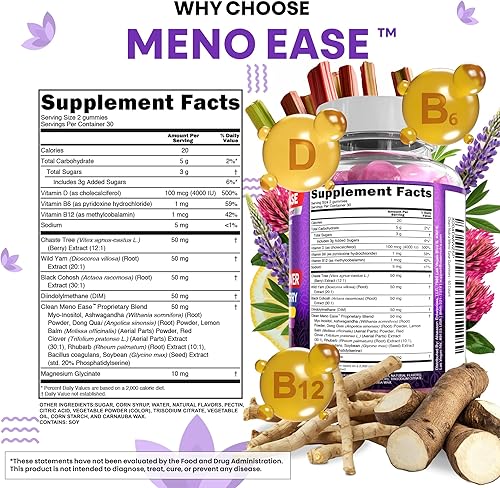 Miniatura 7 de Suplemento de menopausia para mujer, gomitas con cohosh negro, ñame silvestre, DIM, magnesio, trébol rojo casteberry para alivio del equilibrio