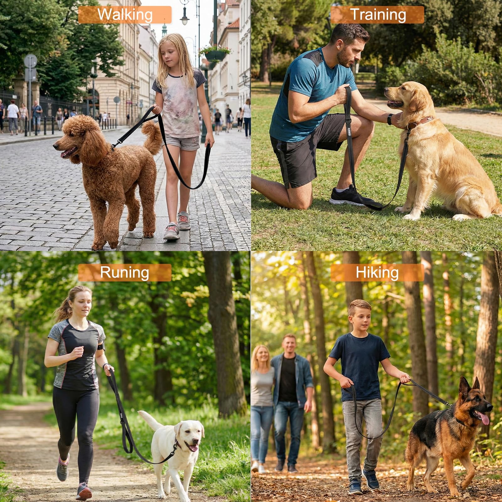 Guinzaglio per cani resistente con 2 comode maniglie imbottite, maniglia per traffico extra controllo, filo altamente riflettente, guinzaglio per cani di taglia piccola, media e grande (nero)