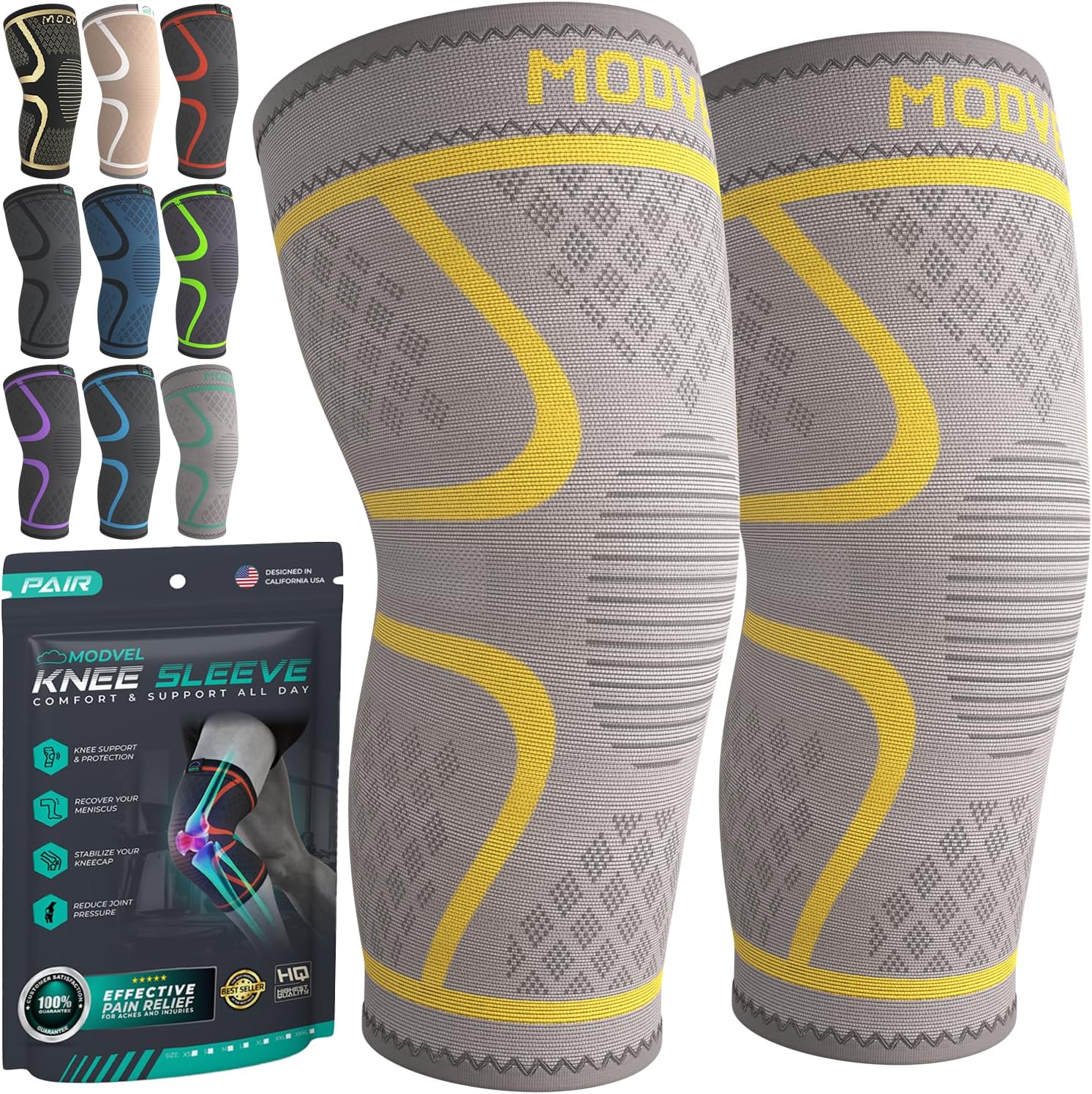 Modvel Compression Knee Brace for Women & Men, 2-Pack Knee Brace for Running Knee Pain, Knee Support Compression Sleeve, Workout Sports Knee Braces for Meniscus Tear, ACL & Arthritis Pain Relief