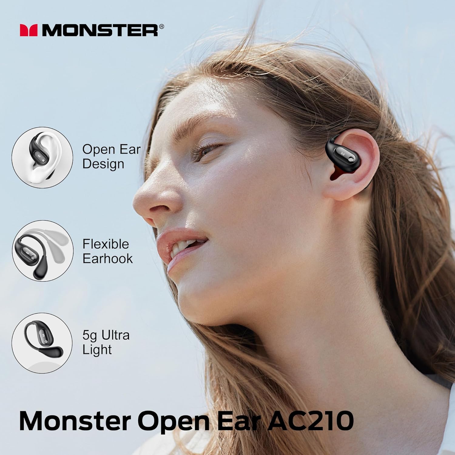 Monster Open Ear AC210 Headphones, Bluetooth 5.4 Earphones Stereo Sound, Wireless Headphones 30 Hours Playback,for Gift,Back - Image 2