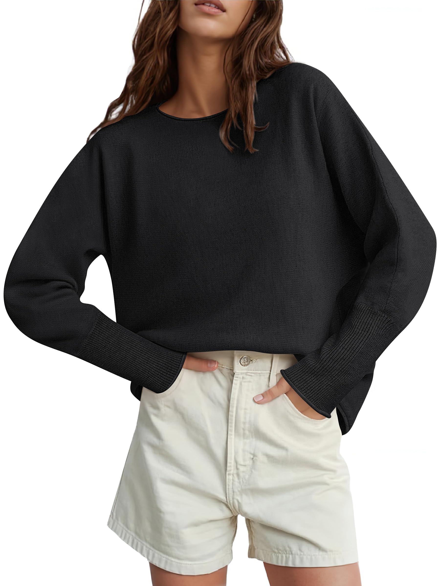 ANRABESS Womens Oversized Batwing Sleeve Sweaters Crewneck Casual Fall Knit Loose Pullover Tops 2025 Work Winter Outfits