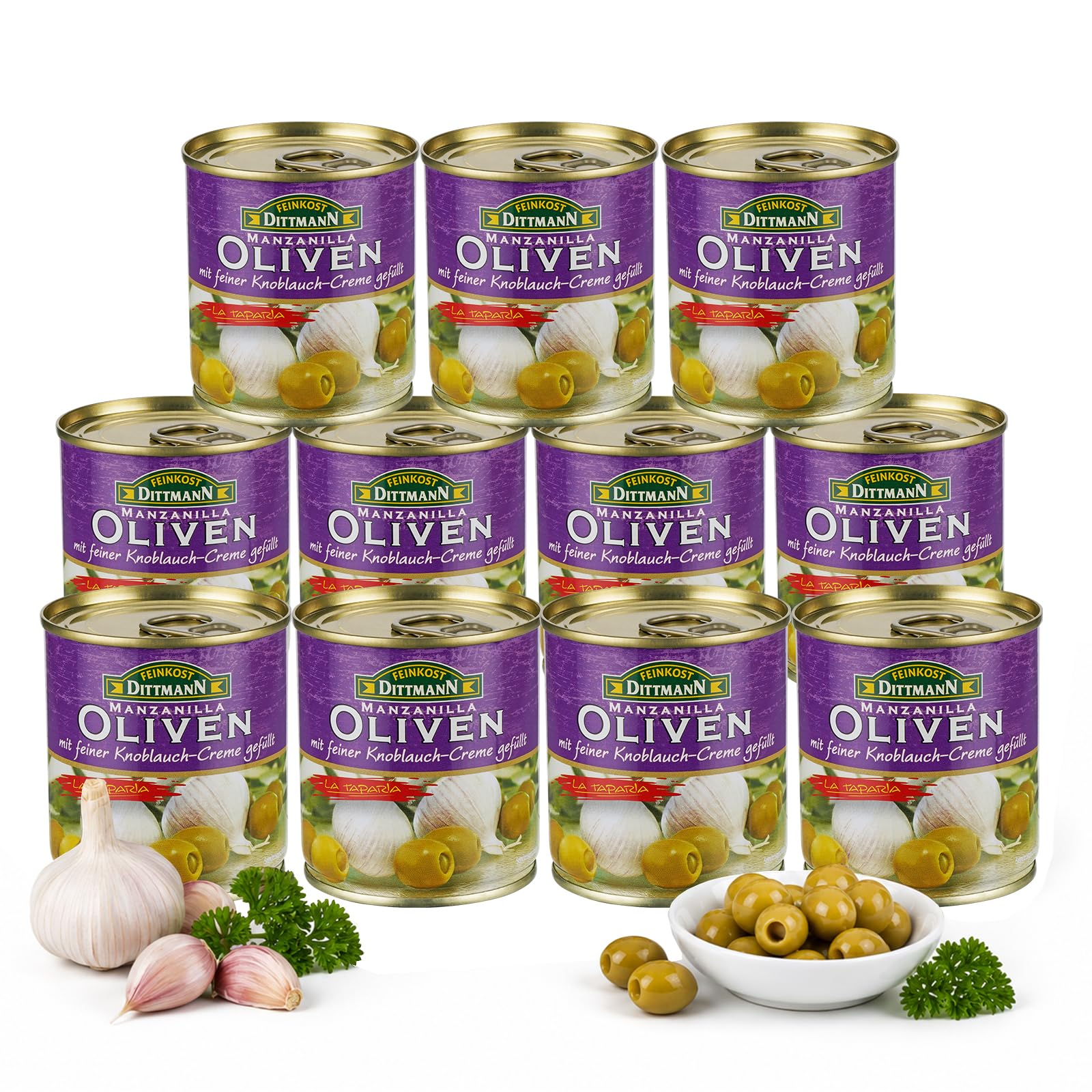 Feinkost Dittmann Manzanilla-Oliven grün gefüllt mit Knoblauchcreme 85g – 10er Big Pack | Premium Oliven für Tapas, Salate, Antipasti & kalte Platten – aromatisch & verzehrfertig