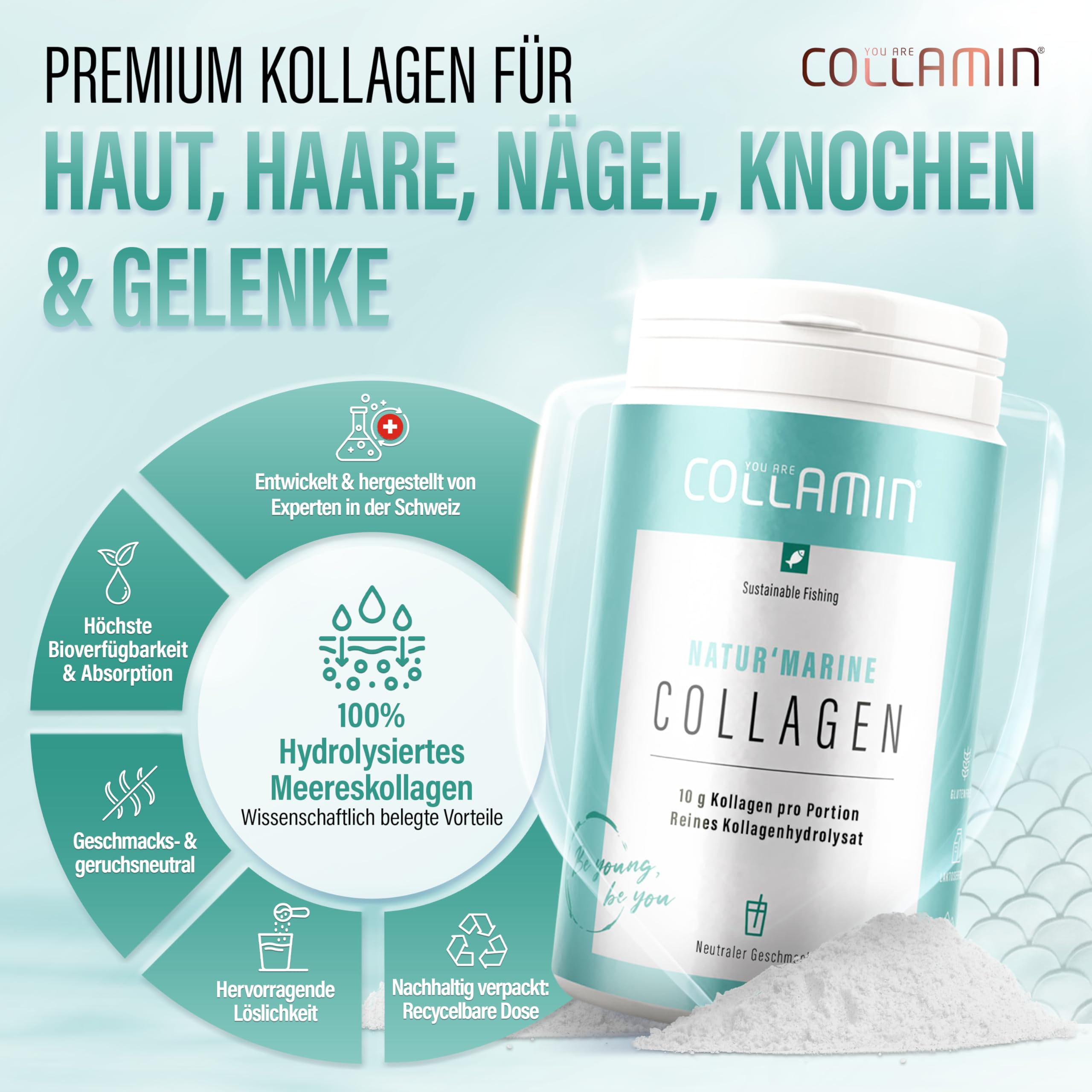 Natur'Marine Collagen Pulver - 310g I Reines Kollagen Pulver - Gute Löslichkeit I 100% Kollagenhydrolysat (Fisch) ohne Zusatzstoffe & Nachgeschmack I Meereskollagen - Made in Switzerland
