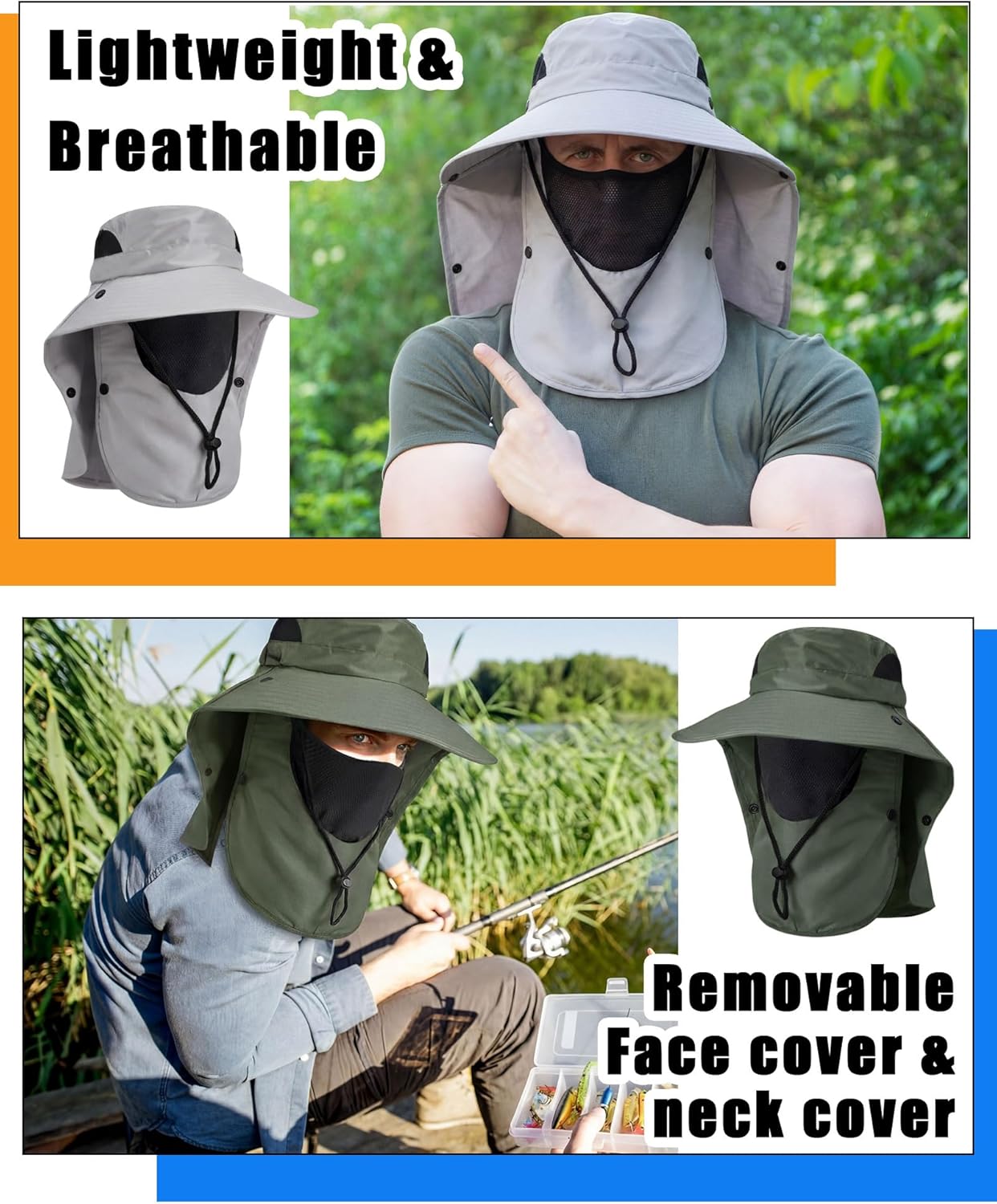 9 Pcs Summer Fishing Hat Women Men Sun Hats with UV Protection Wide Brim Outdoor Hat with Face Cover and Neck Flap Rollable Fishing Cap with Removable Face Flap for Gardening Hiking Beach, 6 Colors