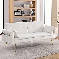 Vista 20 de HMFULE Sofá cama convertible con patas de madera maciza, tela de lino, moderno sofá futón tapizado ajustable para espacio de vida compacto, azul