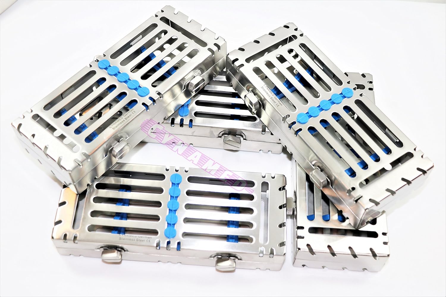 Double Button Detachable Autoclavable Sterilization Trays 5 Pcs German Grade Blue Cynamed