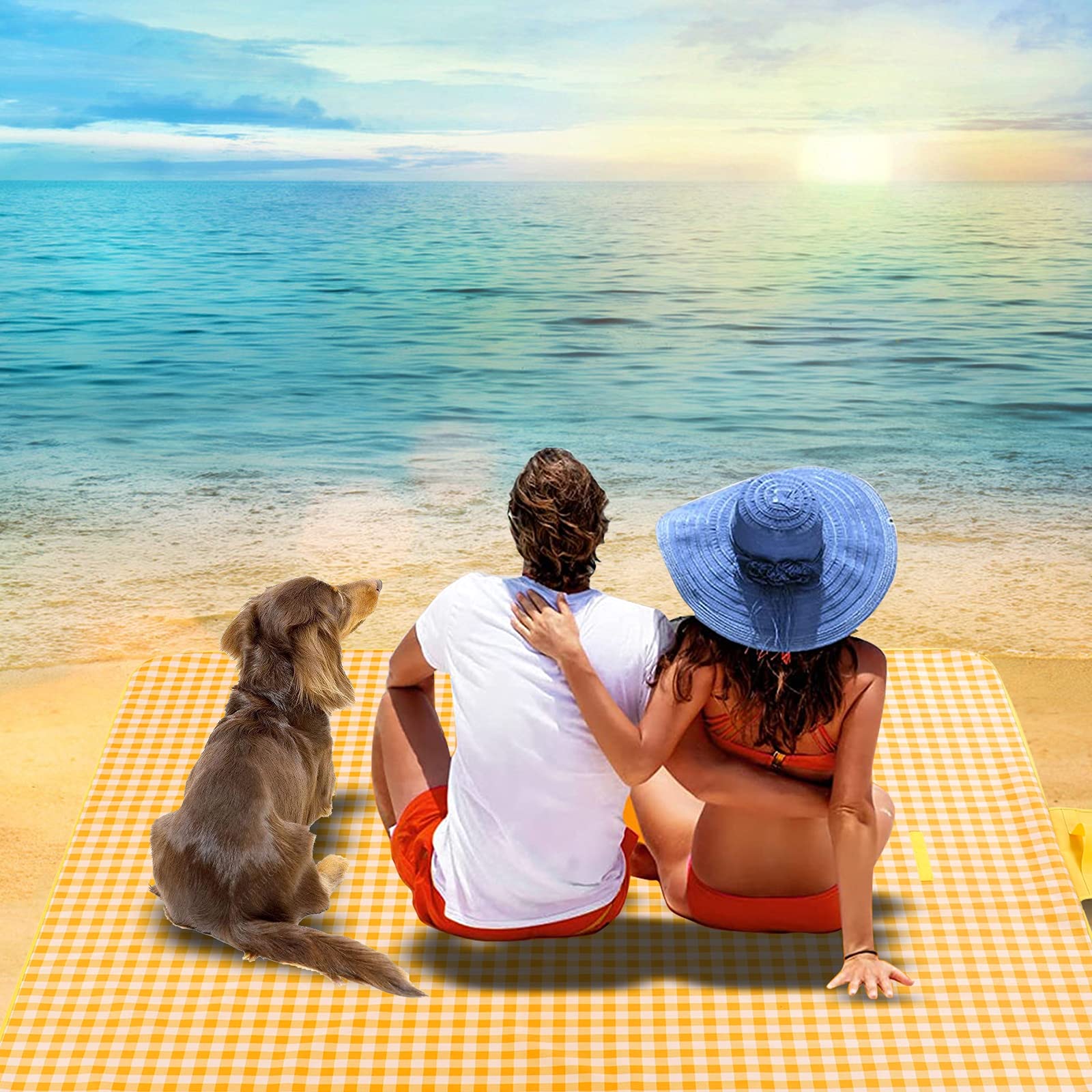 Mantel Picnic Impermeable, Esterilla Doble para Playa, Manta XXL Picnic, Mantel Picnic para Suelo Playa JardíN Parque, Plegable, con Asa,Amarillo,195x200cm