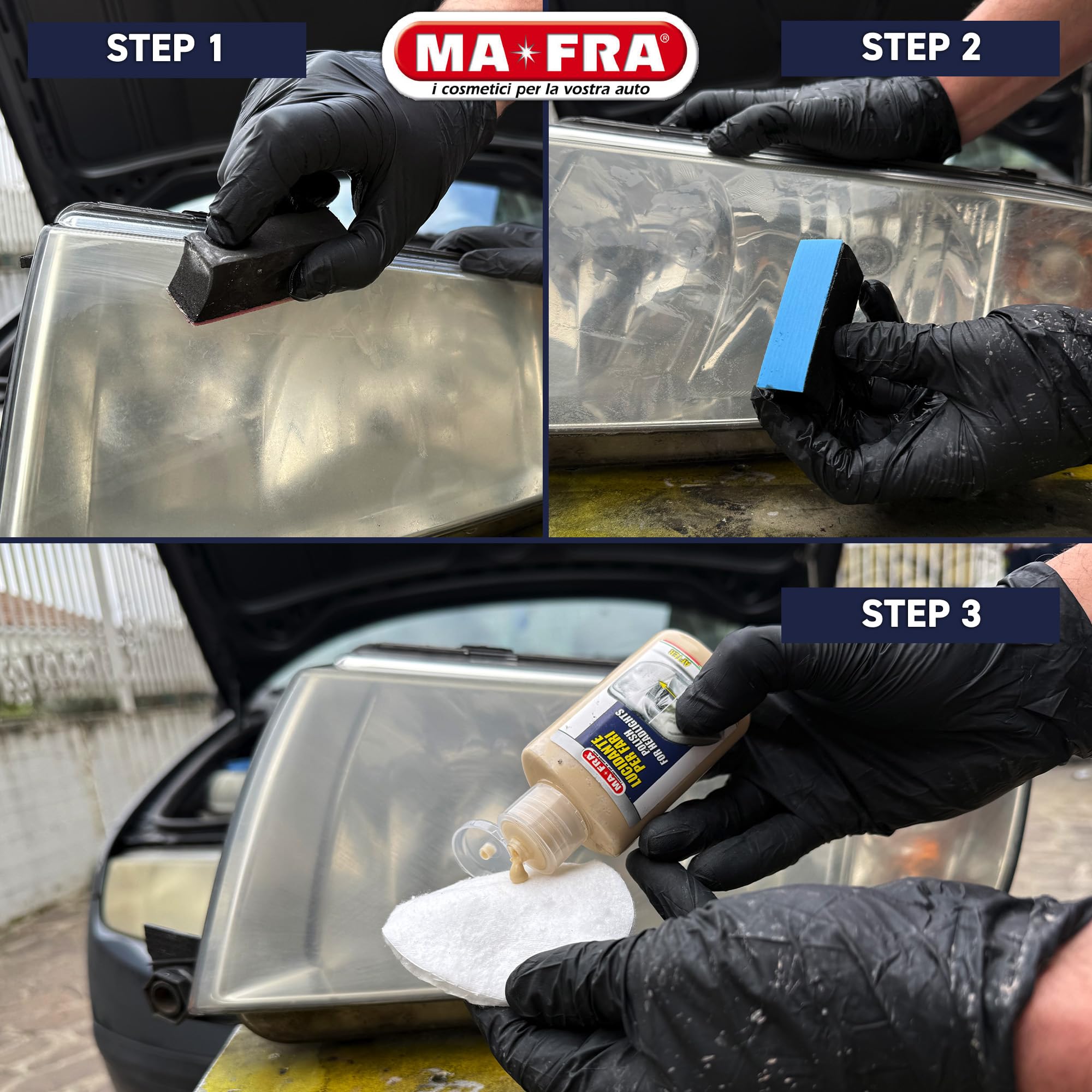 Ma-Fra Kit Regénera Fari, Composto da 16 Carte Abrasive, Polish Lucidante e Sigillante Spray, Ripristina Aspetto Originale dei Fanali Auto e Migliora l'Efficacia delle Luci, Rimuove Effetto Opaco