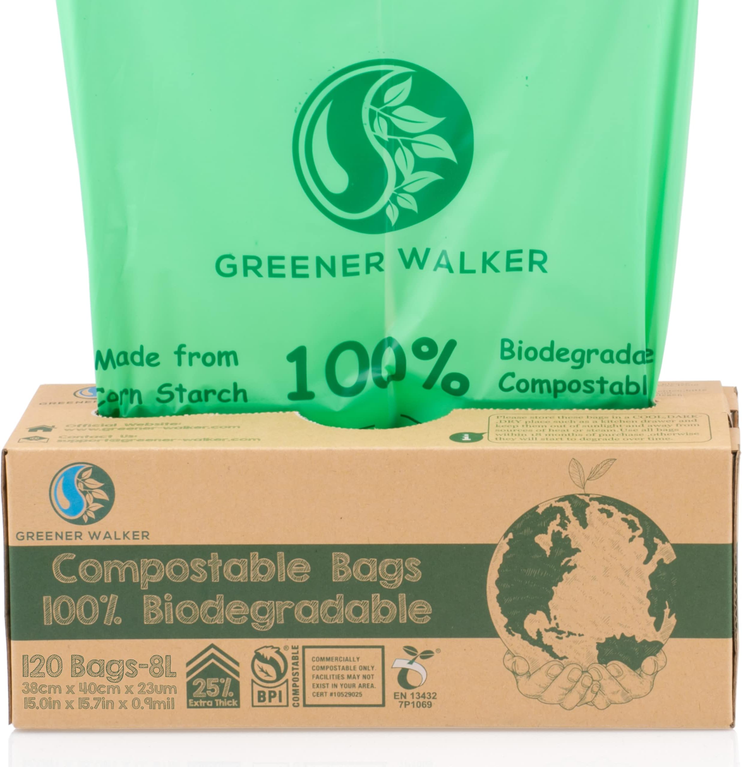 Greener Walker25% Extra Thick Compost 6L/8L/10L/30L Caddy Bin Liners-120 Bags Biodegradable Kitchen Food Waste Bags(8L)