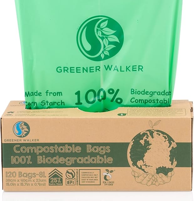 Greener Walker 25% Extra Thick Compost 6L/8L/10L/30L Caddy Bin Liners-120 Bags Biodegradable Kitchen Food Waste Bags(8L)