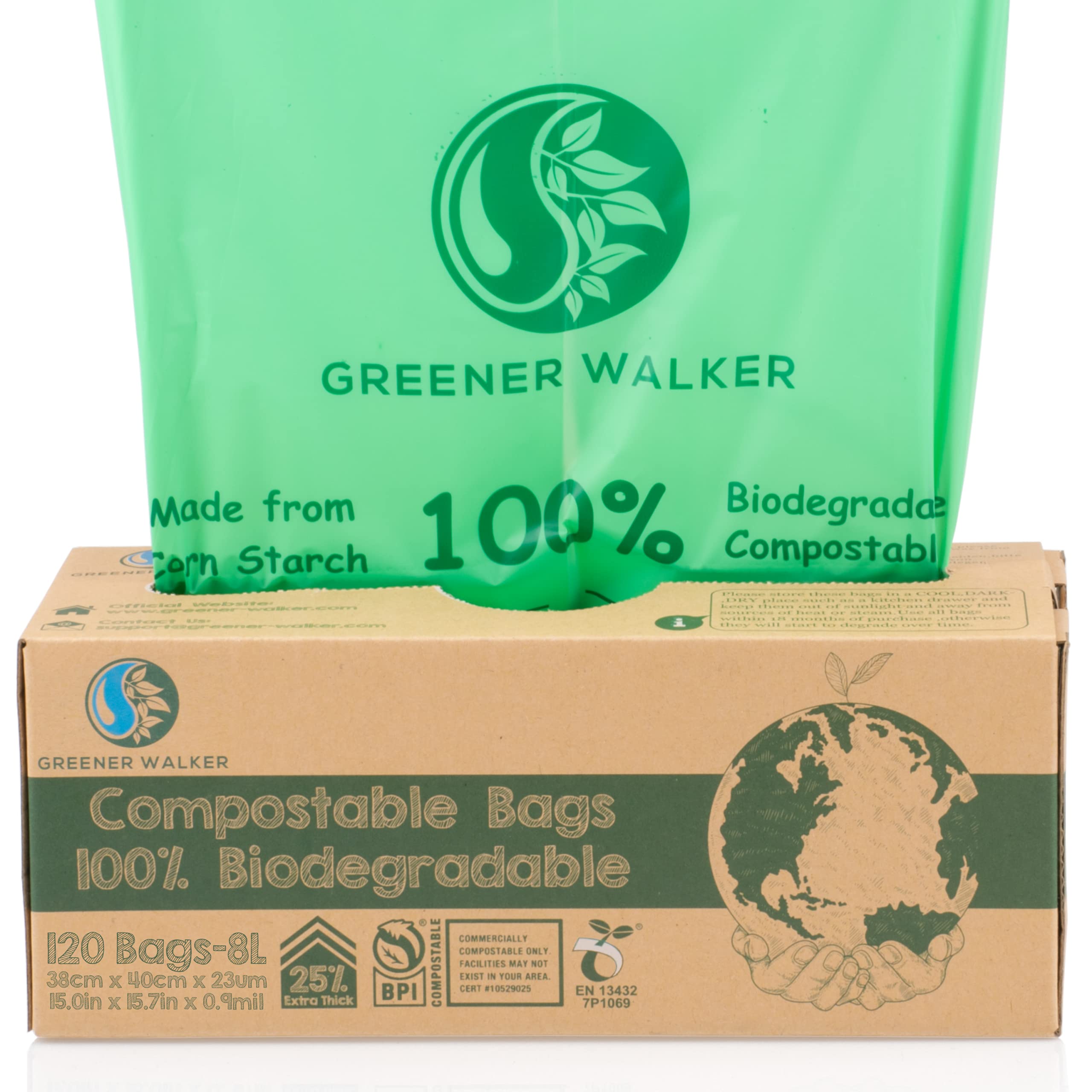 Greener Walker25% Extra Thick Compost 6L/8L/10L/30L Caddy Bin Liners-120 Bags Biodegradable Kitchen Food Waste Bags(8L)