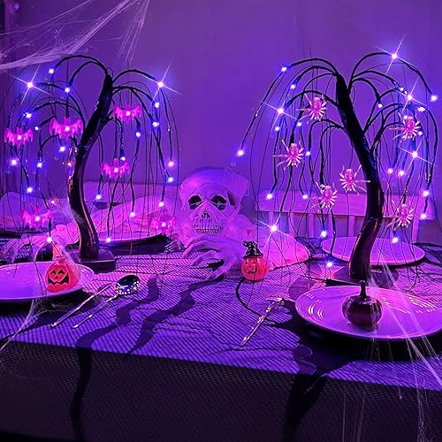 Miniatura 6 de Temporizador paquete de 2 decoraciones de árbol de sauce de mesa de Halloween con temporizador de 18 pulgadas en total 48 luces LED moradas para