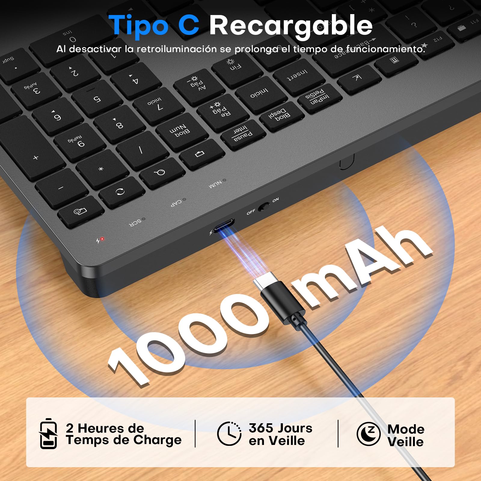 OMOTON Teclado Inalámbrico Ergonómico Reposamuñecas QWERTY Español 2,4G | Recargable, Teclado Silencioso, 7 colores retroiluminación, Soporte móvil, Oficina estudio, para Windows y Linux