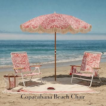 5-Position Low Beach Chair, Portable Lightweight Folding Beach Chair with Wooden Armrests, Storage Pouch & Carry Strap, Coastal Beach Print Reef Crimson