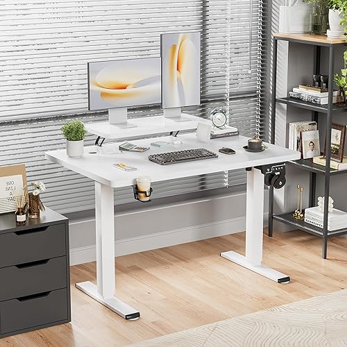 Miniatura 2 de Shahoo Escritorio eléctrico de pie con estante para monitor, mesa de esquina ajustable de altura de 63 x 27 pulgadas, estación de trabajo para