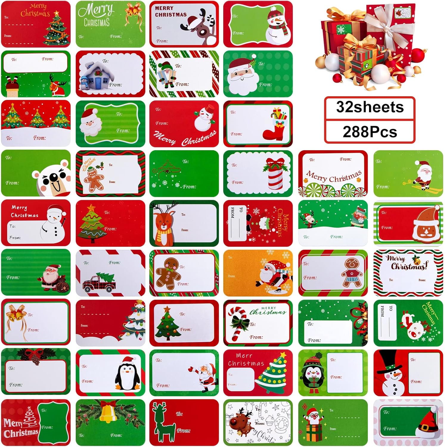 288 Pcs Christmas Gift Tags, 72 Design Christmas Self Adhesive Name Tags Stickers for Christmas Presents Decorations Santa Xmas Tree Gift Labels for Friends : Health & Household