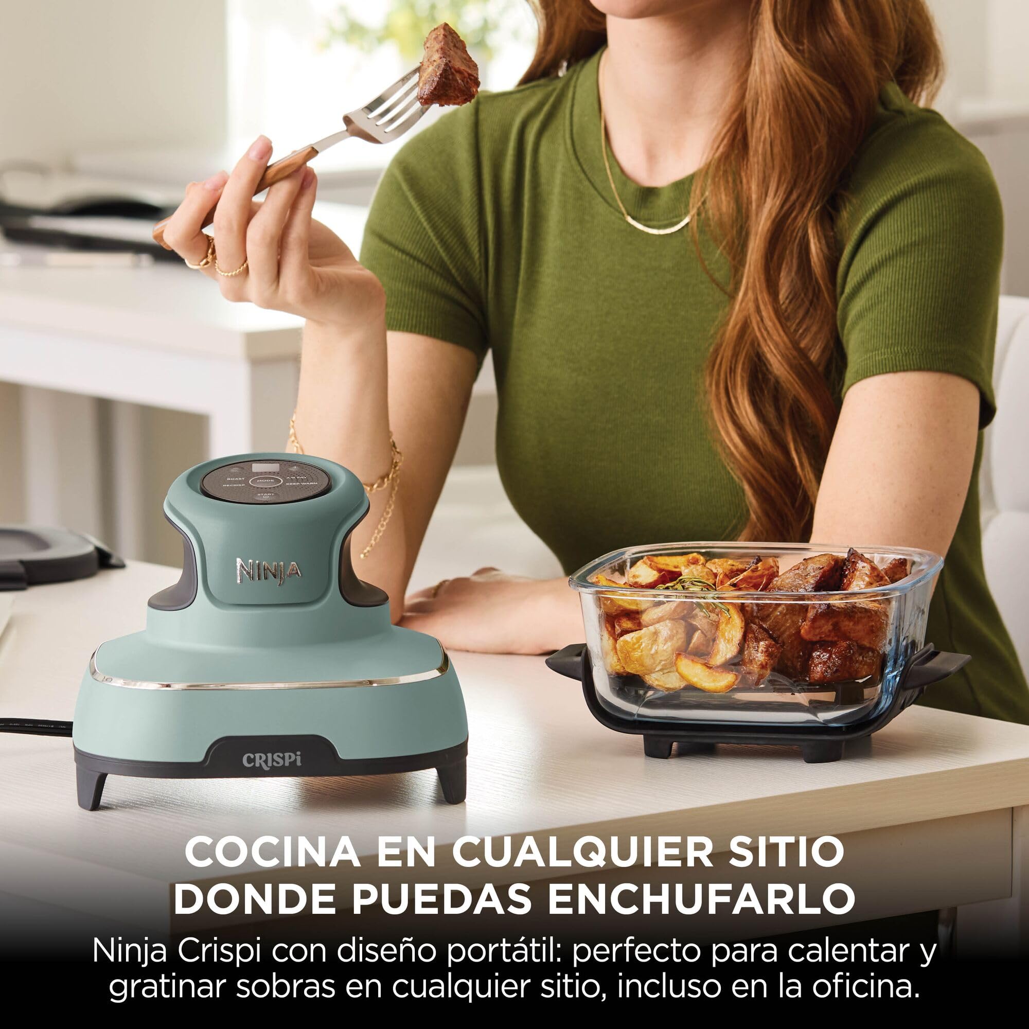 Ninja CRISPi Freidora de Aire portátil, 3,8 l, 4 en 1, freír con Aire, Asar, Mantener Caliente y gratinar, compacta, Incluye 2 recipientes de Vidrio extraíbles y Tapas