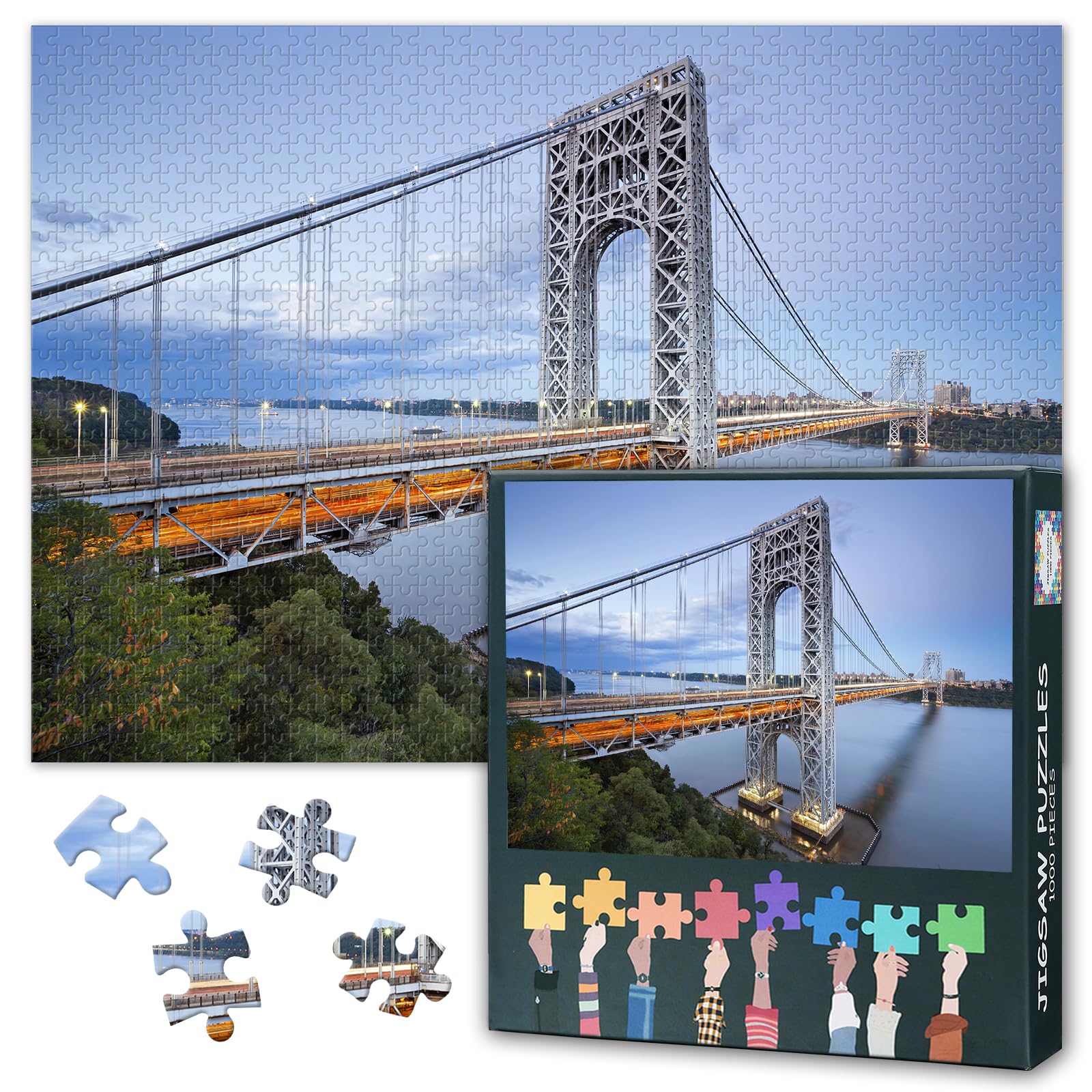 1000 Piece Jigsaw Puzzle for Adults George Washington Bridge at Twilight New York City Suspension Bridge Puzzle Hudson River Nightscape Wall Art Decor 27.5x19.7 Inch
