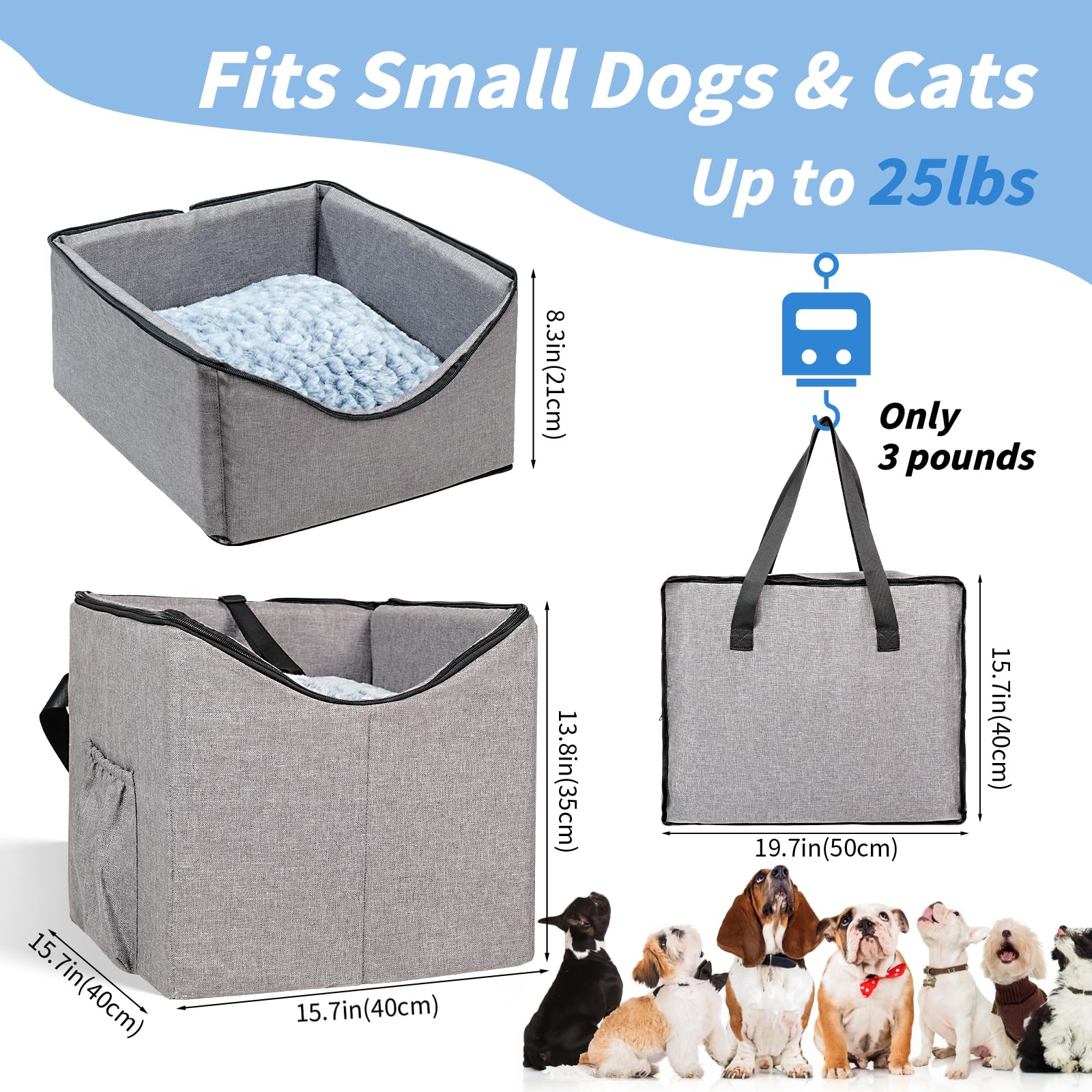 Baodan Dog Car Seat, Elevated Dog Booster Car Seats for Small Medium Dogs Under 25lbs, Pet Car Seat Dog Travel with Portable Storage Bag, Soft Cushion and Safety Leash - Grey