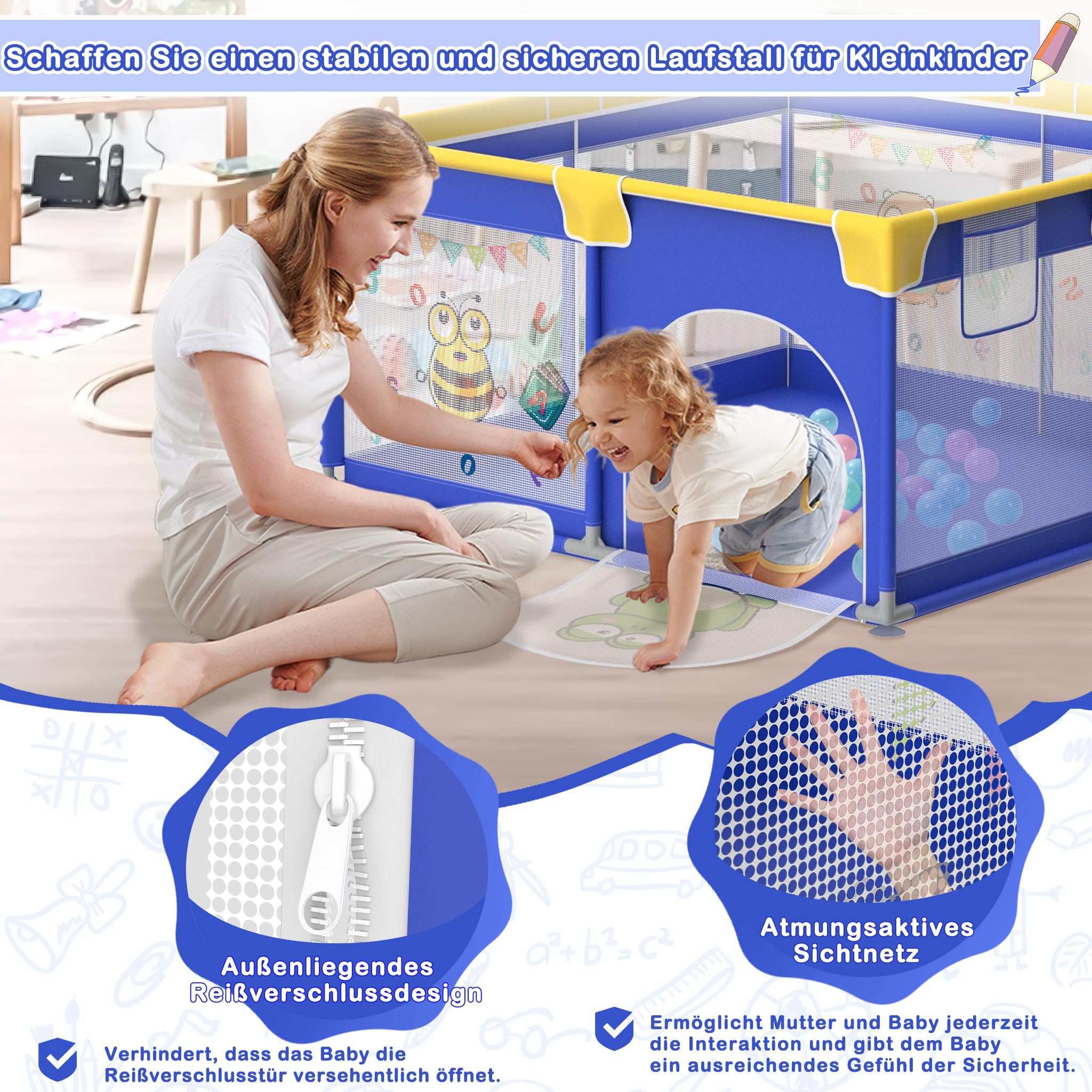 XMTECH Kojec dla niemowląt, przenośny, z 50 piłkami do zabawy, 180 cm x 200 cm x 68 cm, kratka ochronna z oddychającą siatką i zamkiem błyskawicznym i 4 pierścieniami do ciągnięcia (niebieski z