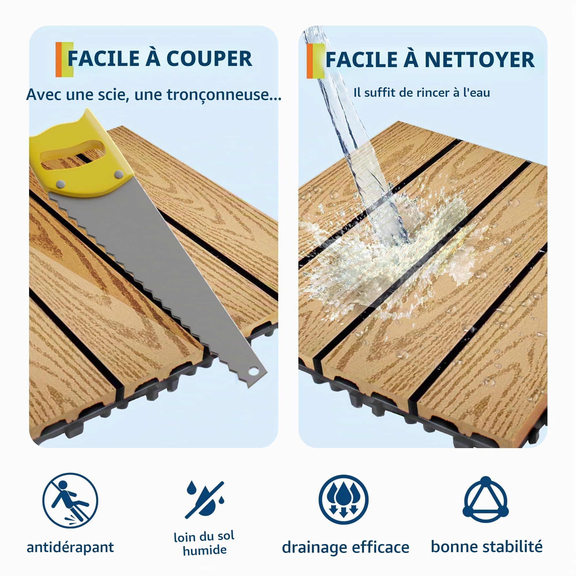 Dalles de terrasse clipsables en composite imitation bois,30 * 30cm Étanches et antidérapantes Idéal étenduérieur/intérieur Pour balcon, jardin, piscine, patio (Couleur teck, Lot de 9)