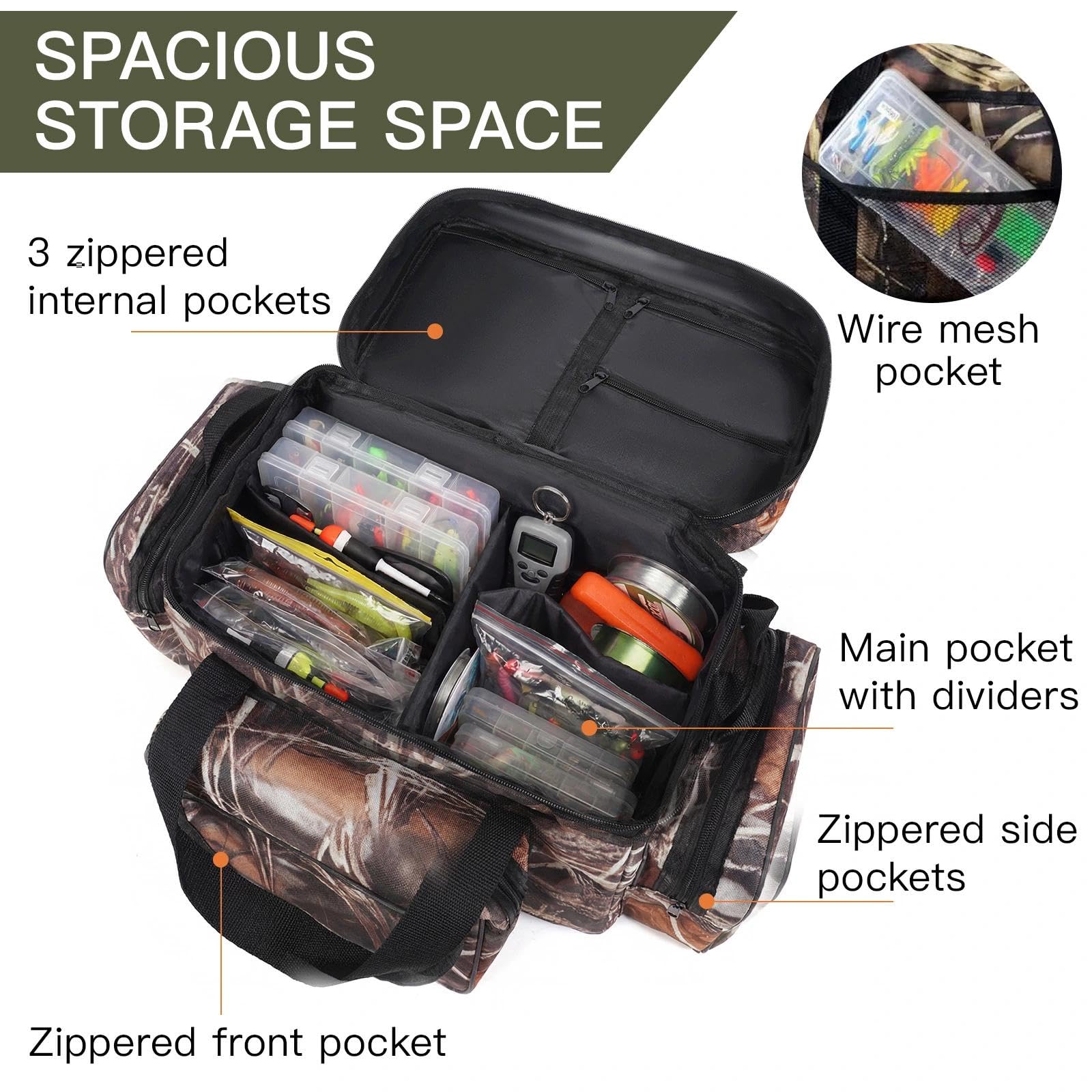Bolsa de Pesca Grande Capacidad con Correas Ajustables Oxford Bolsas de Tela para el Hombro Multifuncional Bolsa de Camuflaje al Aire Libre para Equipo Aparejos y Accesorios