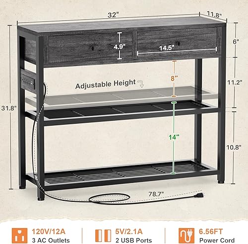 Miniatura 3 de Ecoprsio Entryway Table with Outlets and USB Ports, Small Console Table with 2 Drawers, Sofa Table with Storage Shelves for Living Room, Couch,