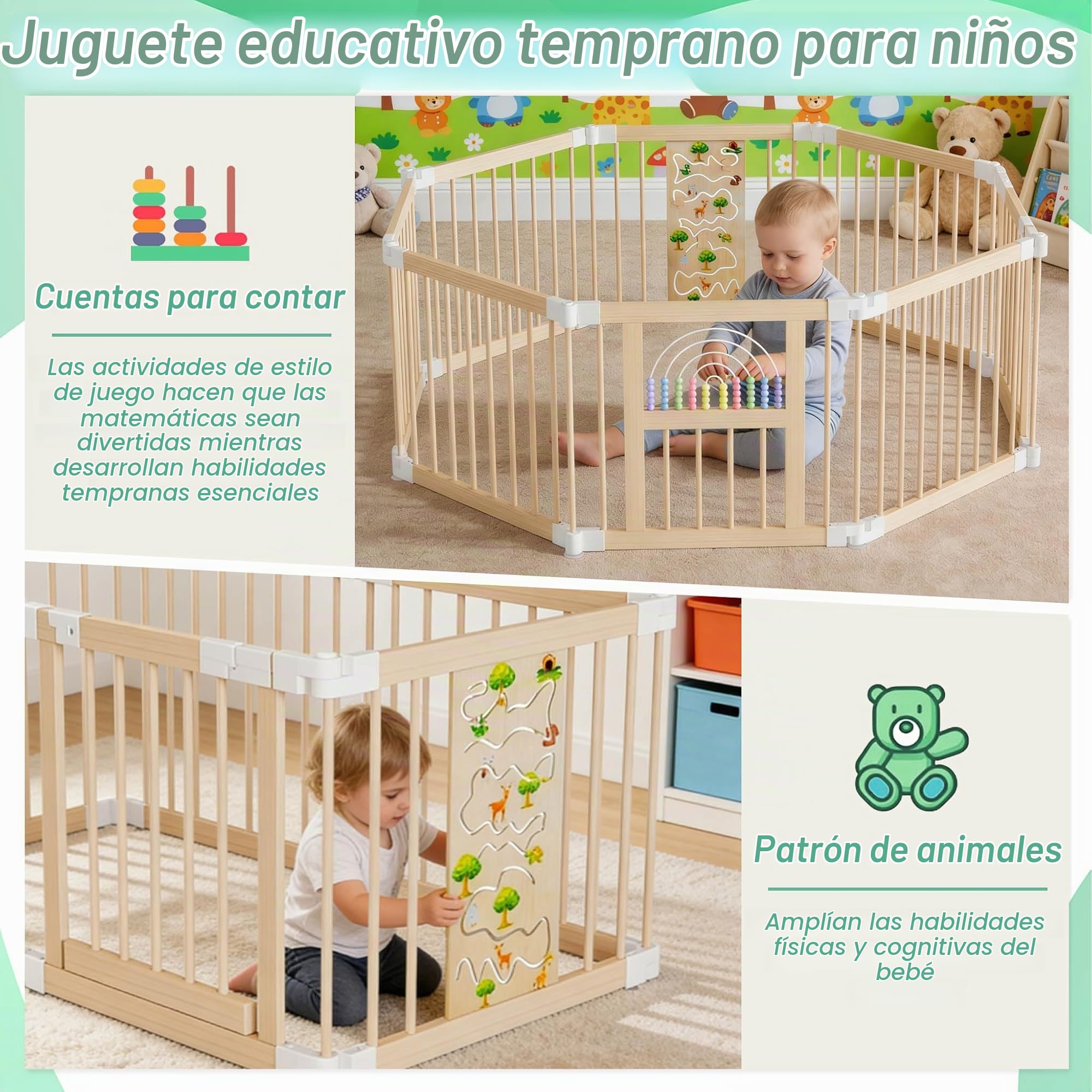 UISEBRT XXL Parque infantil de madera para bebé con 2 centros de juego, tamaño y forma ajustables, parque plegable con 8 elementos de barrera para bebés y niños pequeños, con colchón