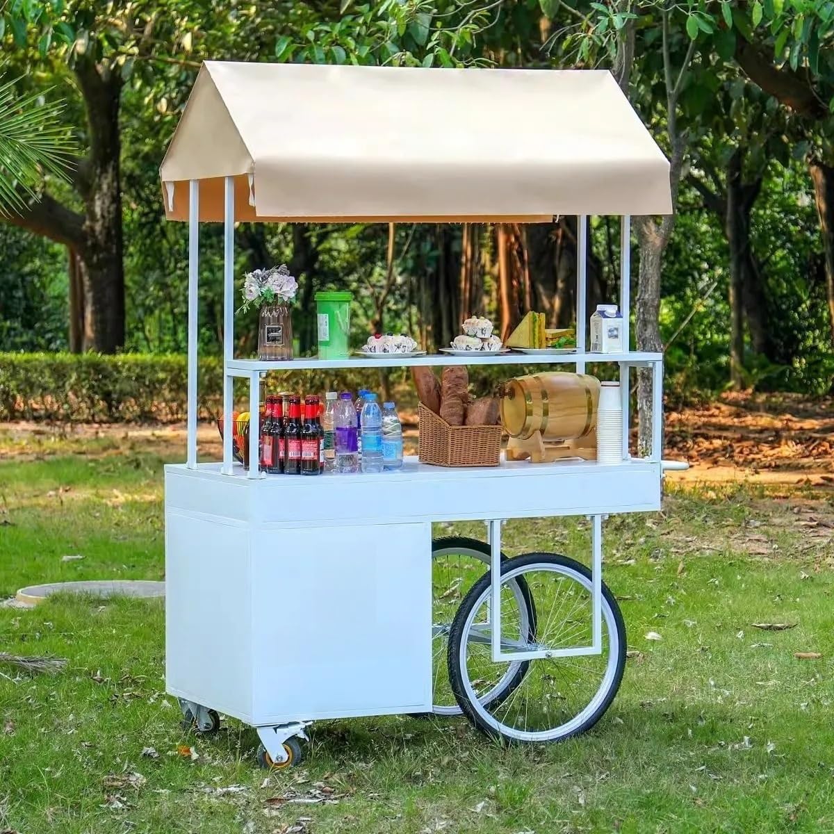 Carrello mobile con tettoia e contenitore, ideale per mercatini ed eventi di street food