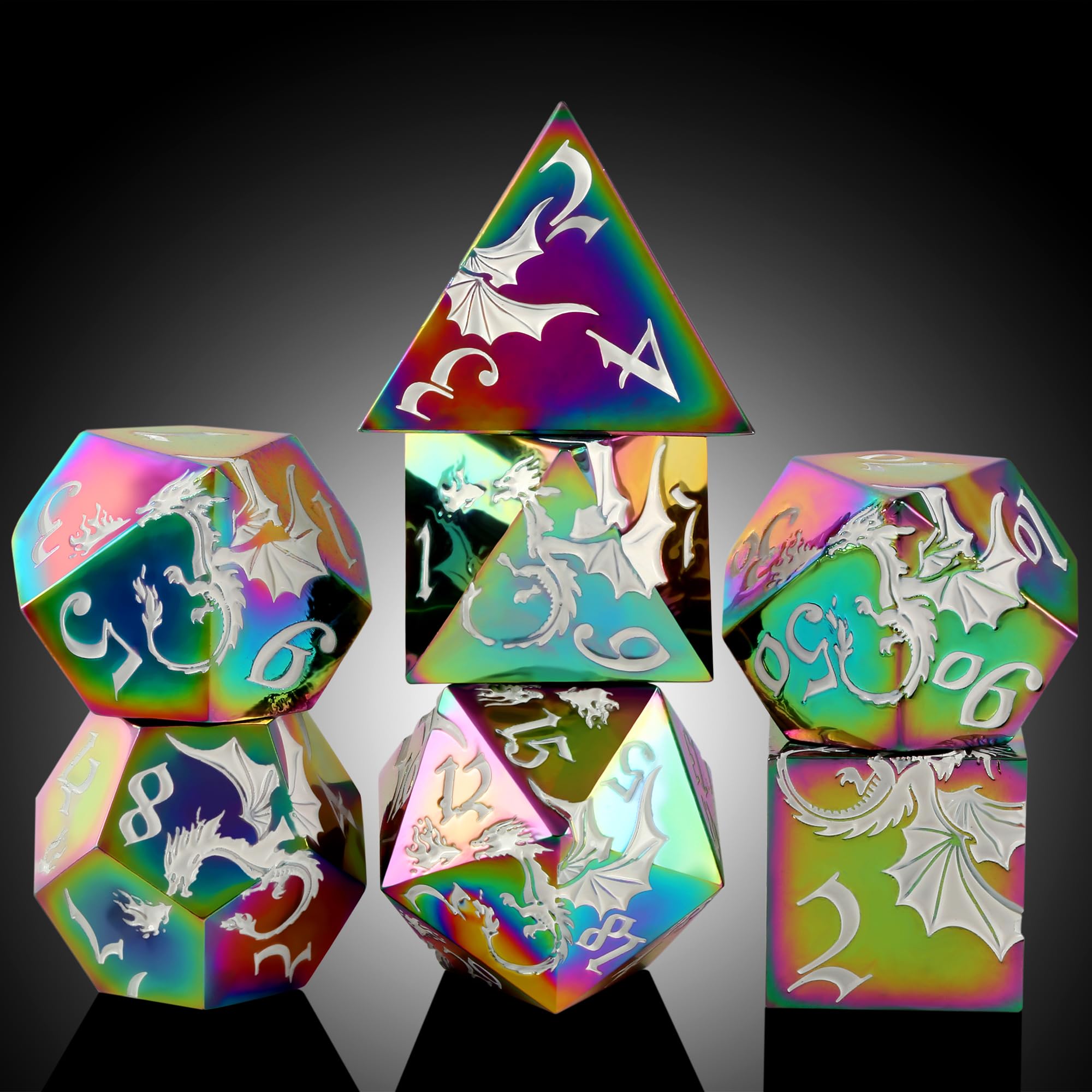 DNDND DND Dice Set,7 PCS Rainbow Zinc Alloy Matal D&D Dice with Random Color Gift Case for Dungeons & Dragons, Tabletop Games (Rainbow)