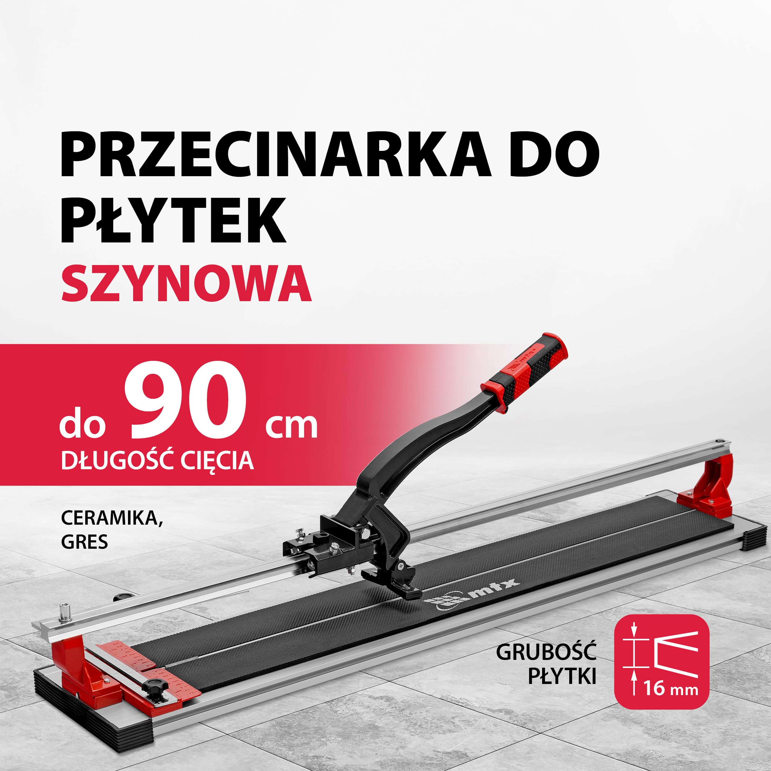 MTX Przecinarka Do Płytek Szynowa Do 900 Mm, 16 Mm – Wózek Na Łożyskach, Szyna Stalowa Antykorozyjna, Cięcie 45°, Regulowana Obejma, Lekka Rama Aluminiowa