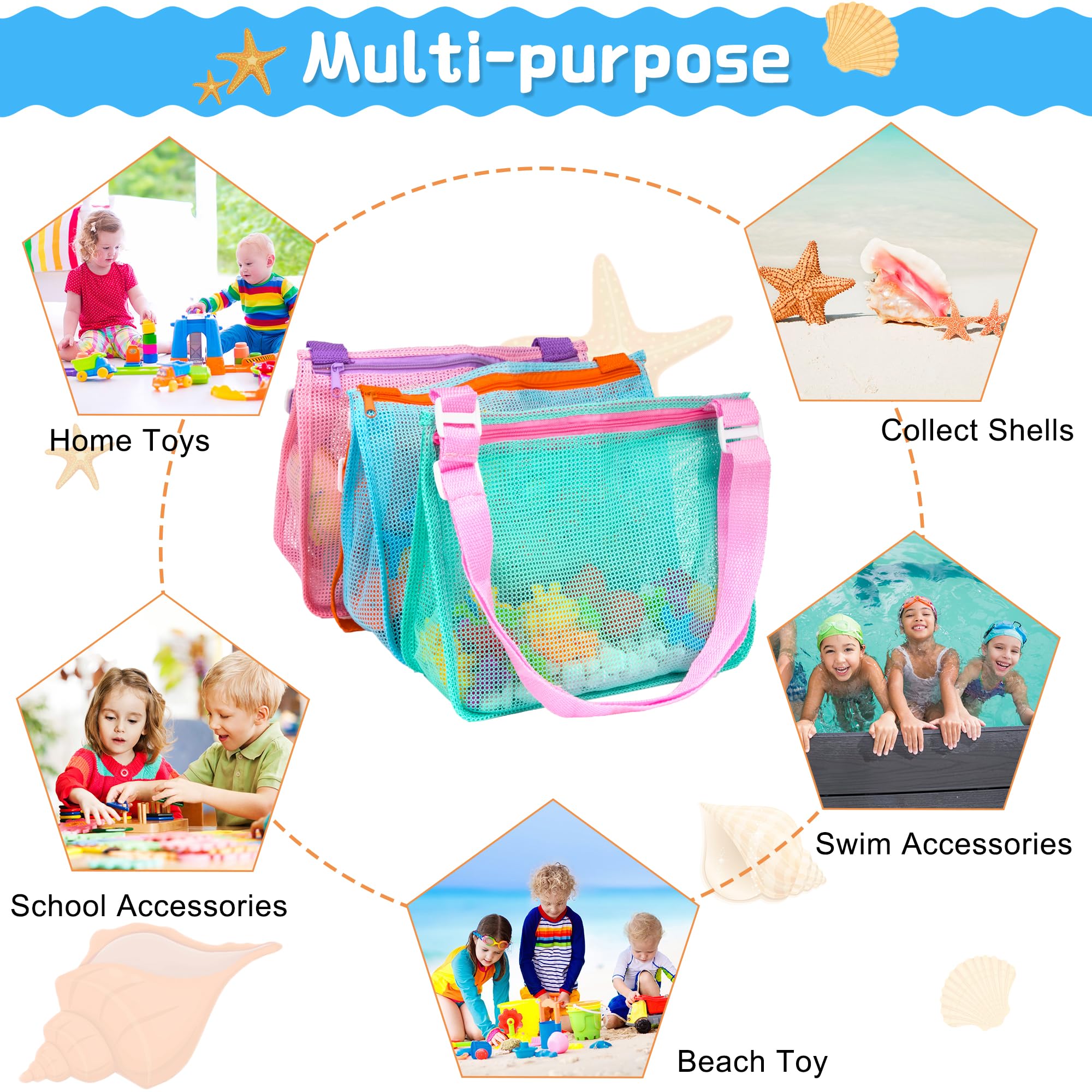 Strandspielzeug-Tasche 3 Stück Set – 25,4x15,9x22,9 Cm, Mit Verstellbarem Gurt & Reißverschluss, Für Muscheln & Sandspielzeug
