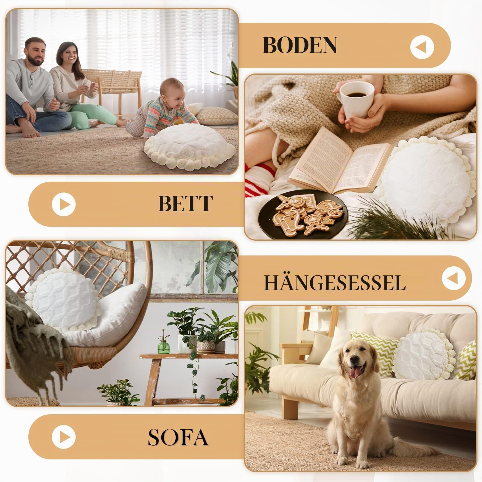 Tranqun Boho-Kissenbezug, 40 cm, rund, Bohemian-Stil, dekorativer Kissenbezug, handgetuftet mit groben strukturierten Pompons, Kissen für Couch, Sofa, Bett, Pouf, Yoga, Beige/Weiß, 2 Stück