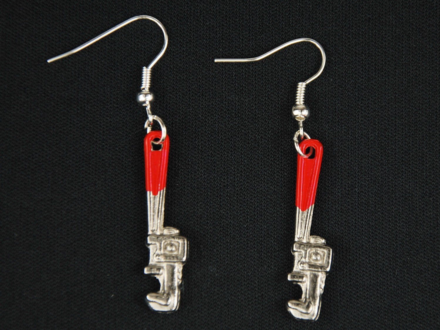 Pipe Wrench Spanner Pliers Earrings Miniblings Tool Craftsmen Workshop Silver, Red, 33mm - Image 3