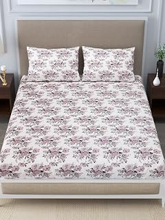 LINENWALAS 100% Cotton Elastic Fitted Sheet with 2 Pillow Cover, Ultra Soft 300 Thread Count Printed Bedsheet (72x78 Inches, Boho Mink Floral)