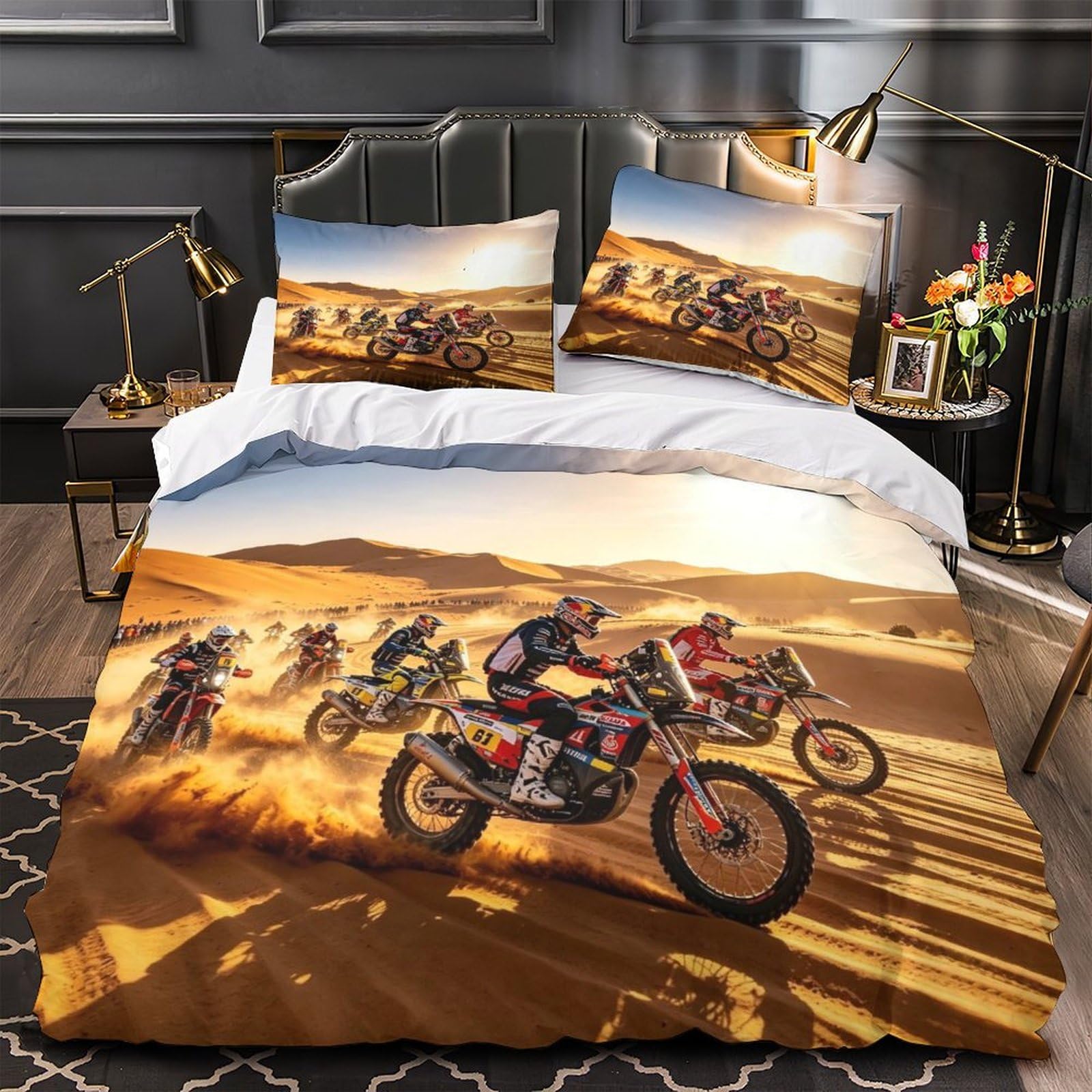 DAFUfbw Dirt Bike Bedding Set With Hidden Zipper, King（220x240cm） Motorcycle Race Duvet Cover Set with Pillowcases, Motorcycle Race Pattern Quilt Cover Set Soft Microfiber