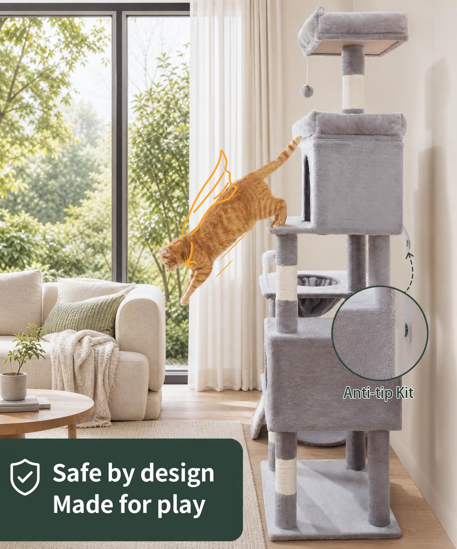 Albero per gatti da interno resistente, 172 cm, torre per gatti grandi con tiragraffi in sisal e posatoio superiore, grande piattaforma per gatti adulti, PMT02GY, grigio