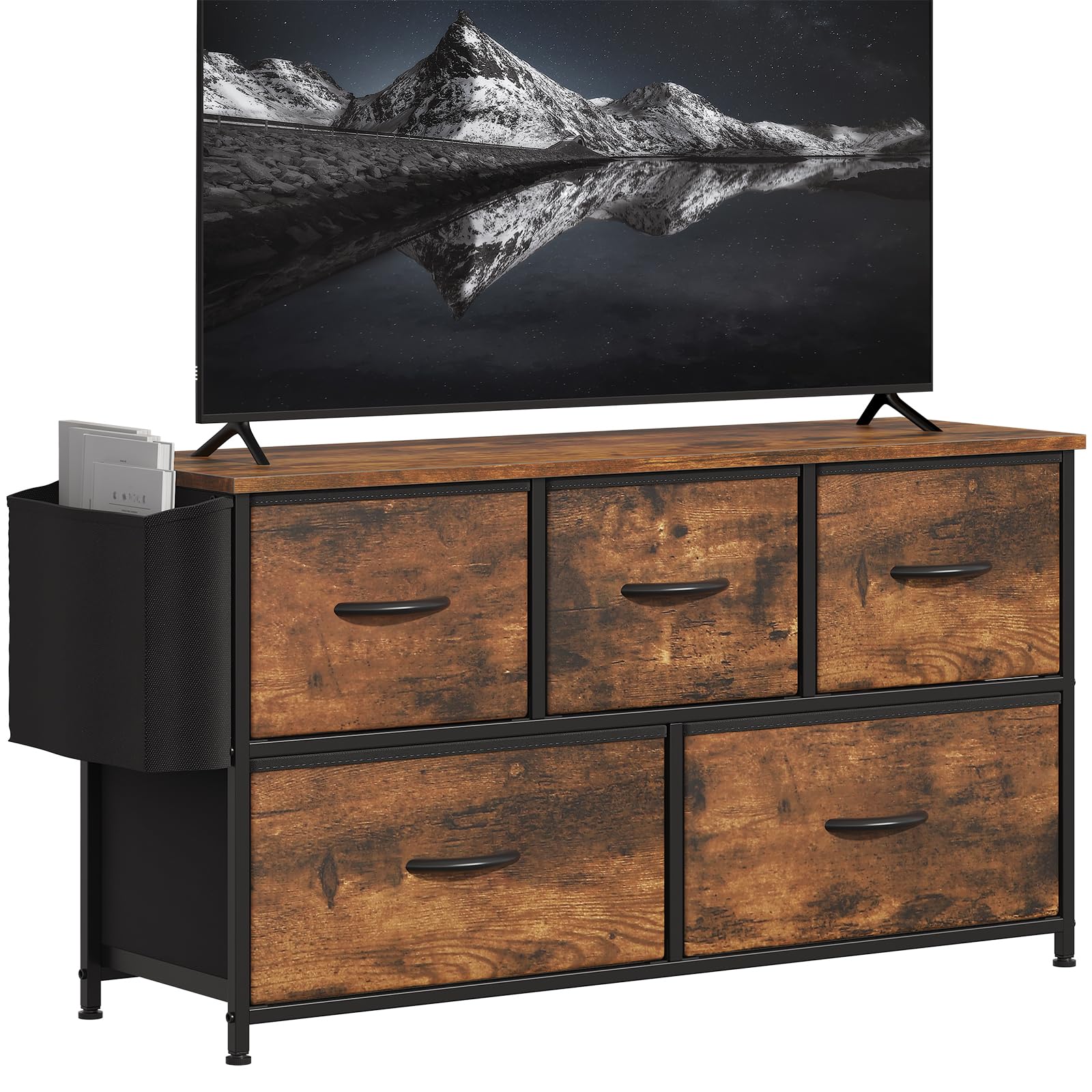 GoaHi 5 Drawer Chest of Drawers, Low Storage Unit with Side Pocket, Metal Frame & MDF Top, Fabric Drawer Dresser for Bedroom, Living Room or Hallway,Rustic Brown — image 1