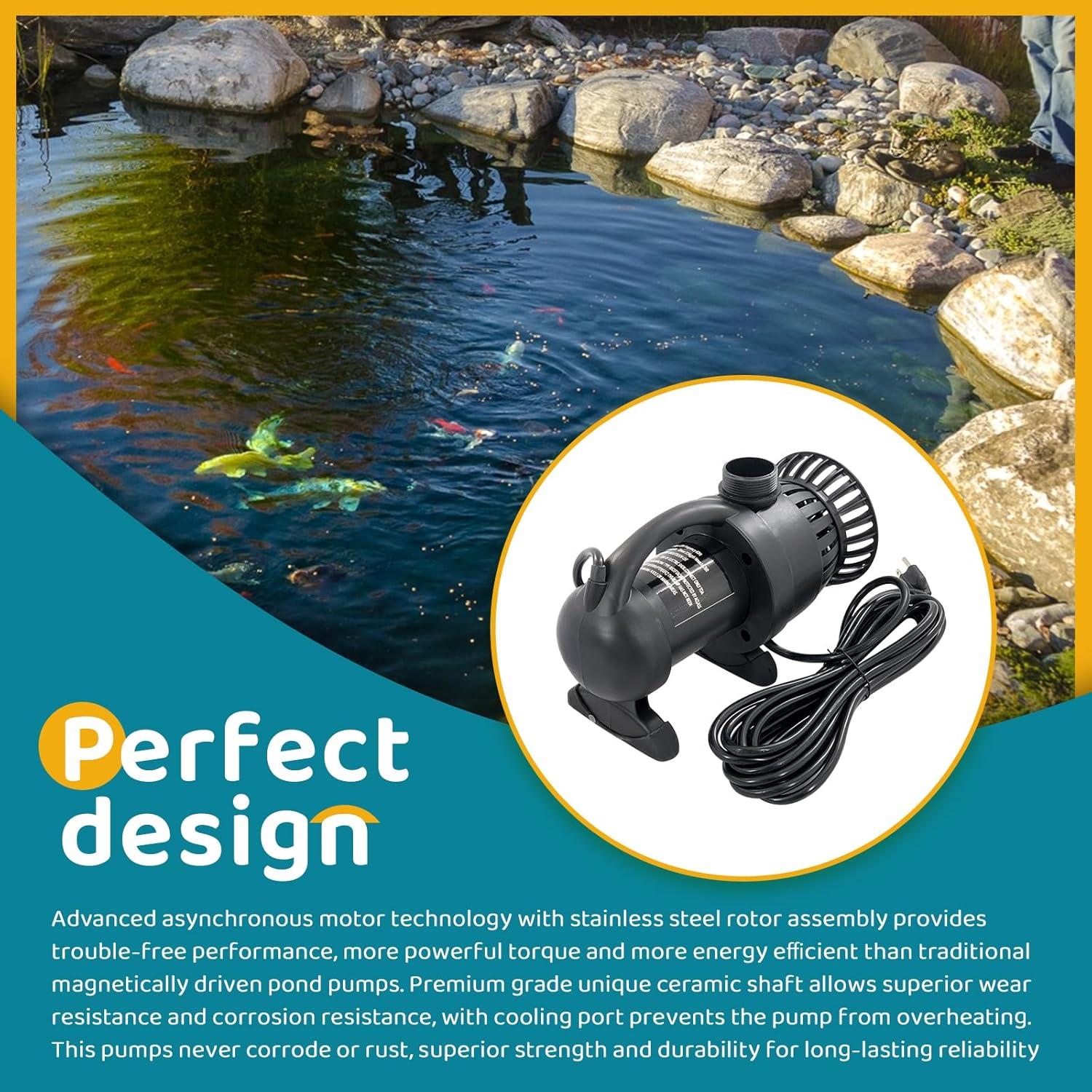 91018 Submersible Water Asynchronous Pump 3000 GPH for Ponds, pondless waterfalls, water gardens - 20 FT Power Cord & 15FT Lift Height