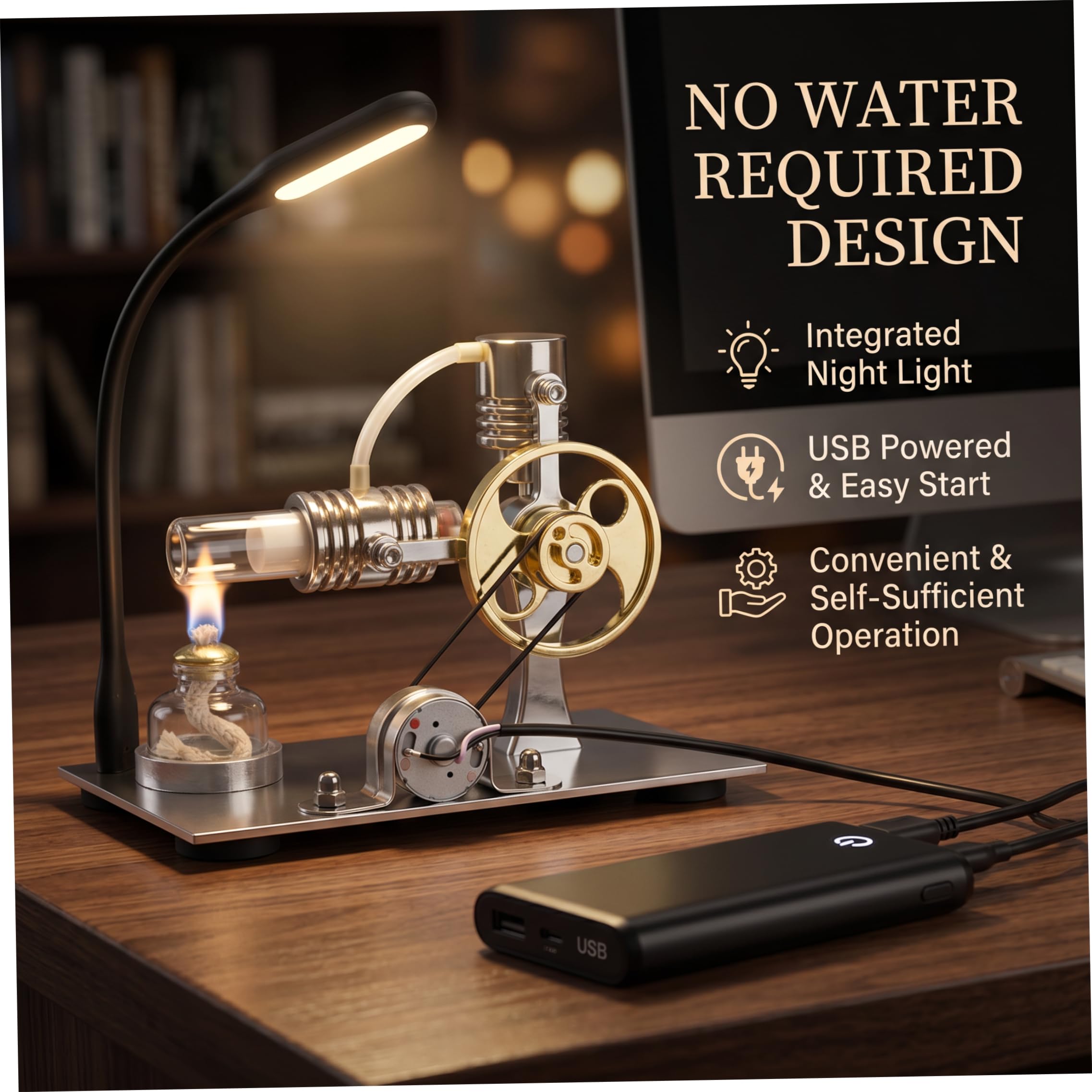 Motor Stirling, generador de motor Stirling en forma de L de metal, modelo de generador de energía con puerto USB y luz nocturna, experimento físico presente para entusiastas de la tecnología y niños