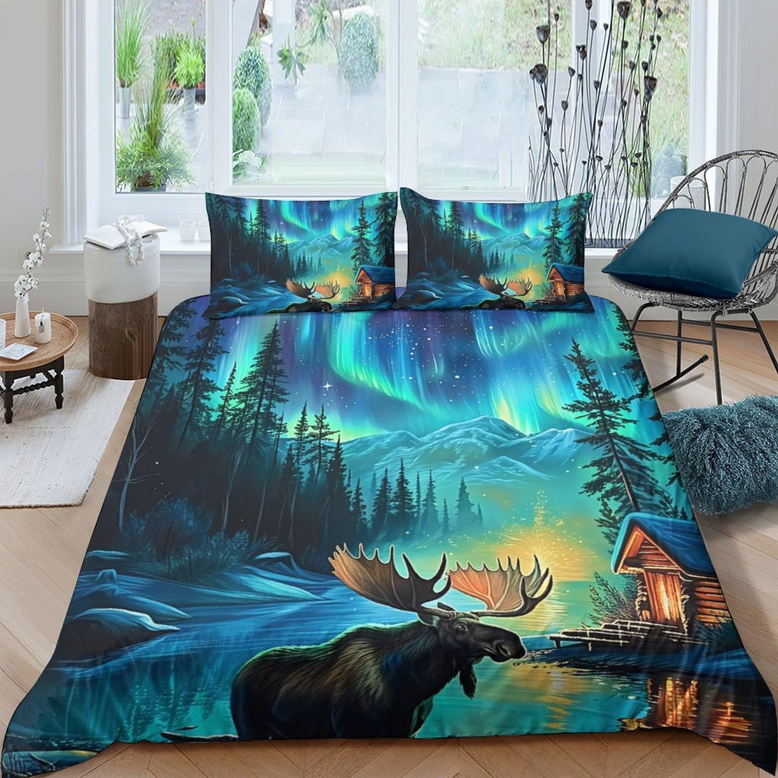 Ctjqhvkz Style-8 3D Printed Northern Lights Fitted Sheet Microfiber Elk Forest Bed Cover For Bedroom Guest Room Easy Care Single（135X200cm）