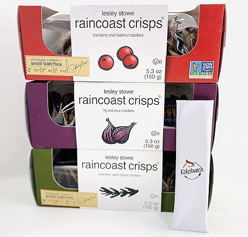 Raincoast Crisps Variedad de Lesley Stowe - Cranberry Crisps & Avellana Higo y oliva Rosemary Pasa Pecana con kit Kokobunch 3 unidades - 5.3 oz