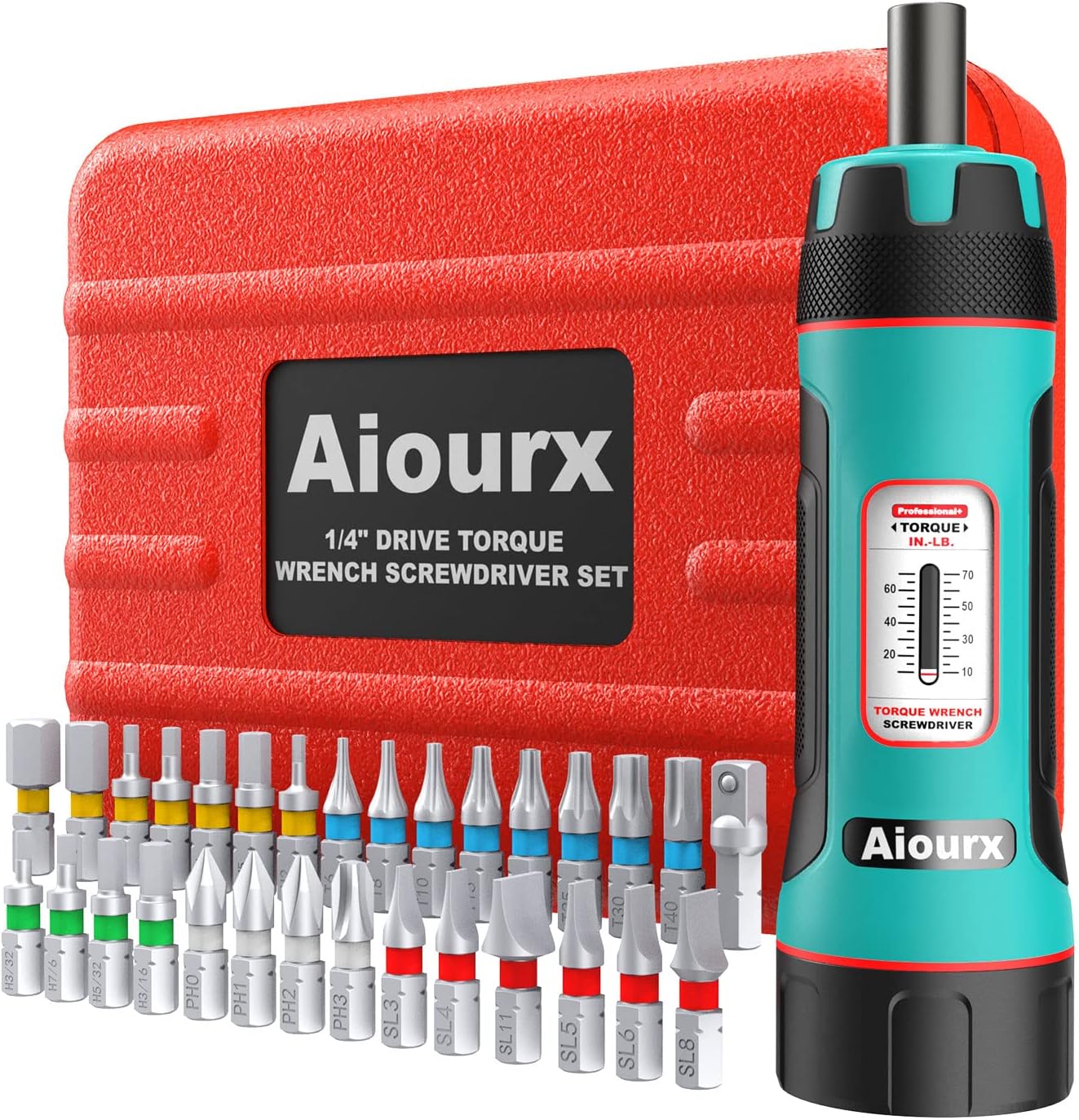 1/4" Drive Torque Screwdriver Wrench Set, 10-70 In.-lb., 31 Pieces Torque Wrench Bits Set for Maintenance, Tools, Bike Repairing and Mounting