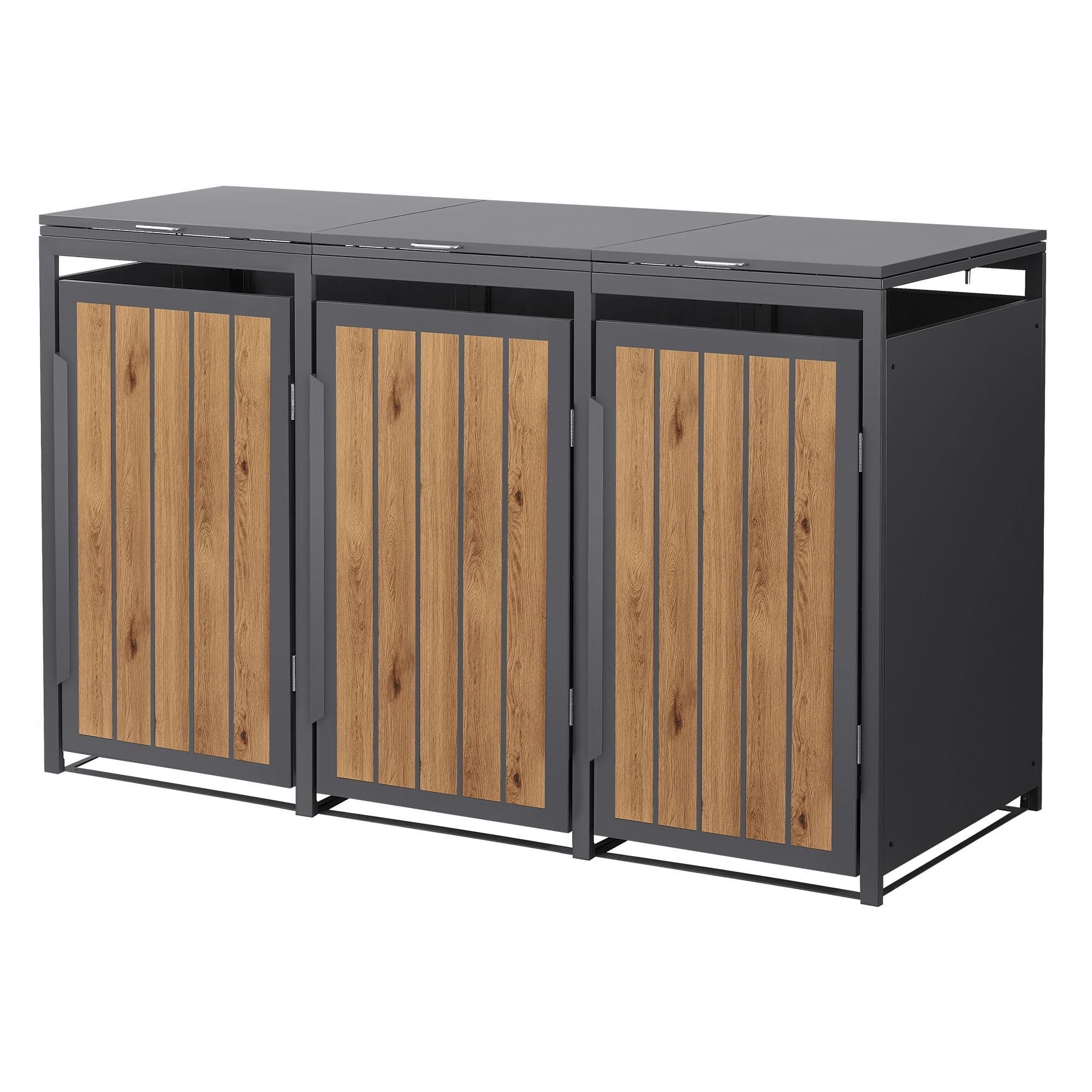 ML-Design Mülltonnenbox 3er 240L, Mülltonnenverkleidung für 3 Mülltonnen, Müllbox wetterfest, Mülltonnenhaus aus Stahl, Müllcontainer mit Klappdeckel & Tür, Gerätebox 196x80x120 cm Anthrazit-Holzoptik