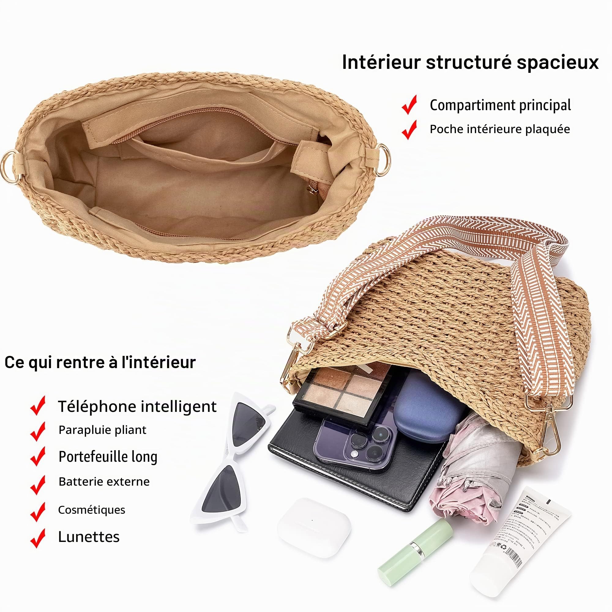 Herald Petit sac à bandoulière d'été pour femme, sac à main en paille tissée, sac à main à bandoulière, café, Small